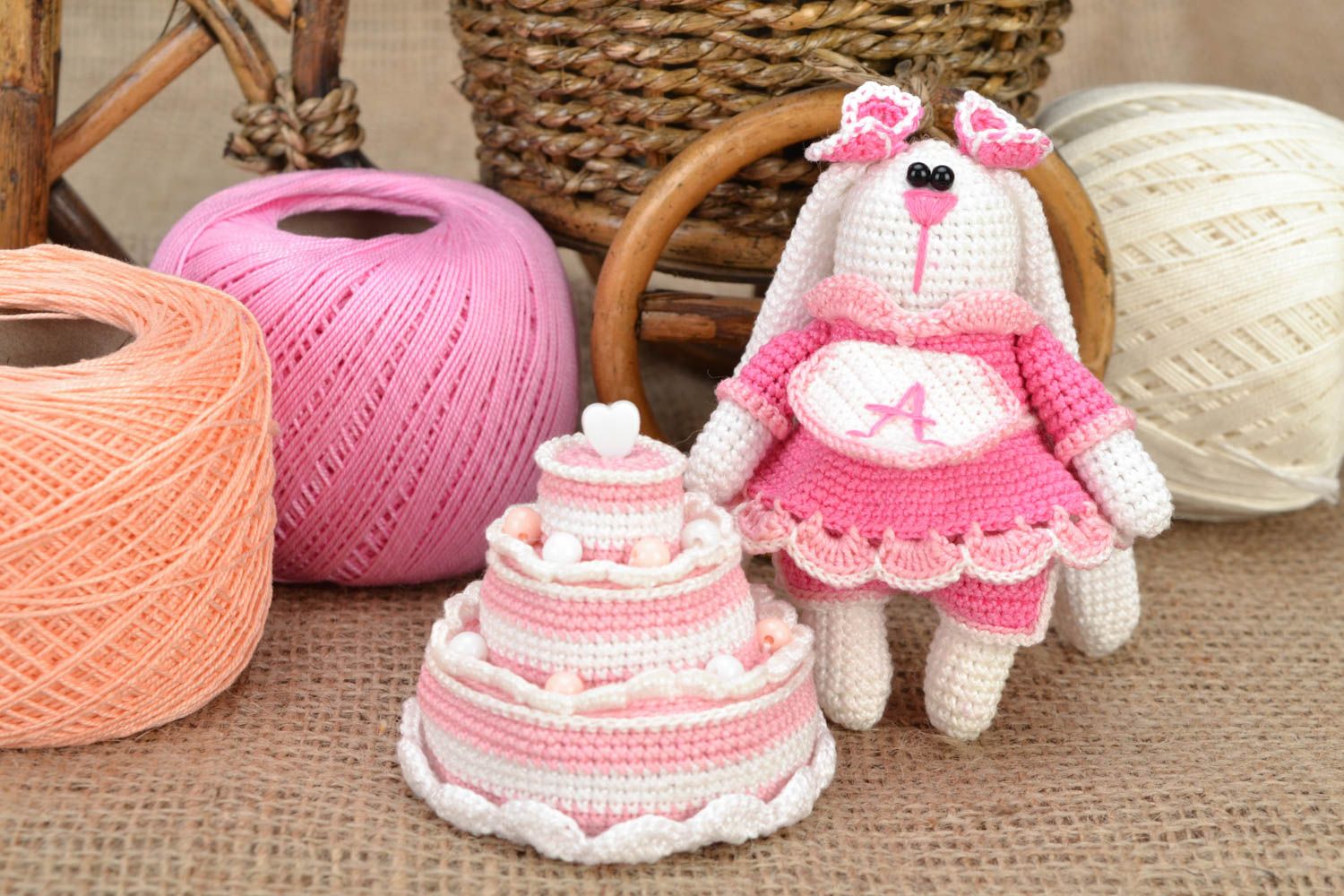 Handmade crochet soft toy hare girl in pink with cake children's gift photo 1