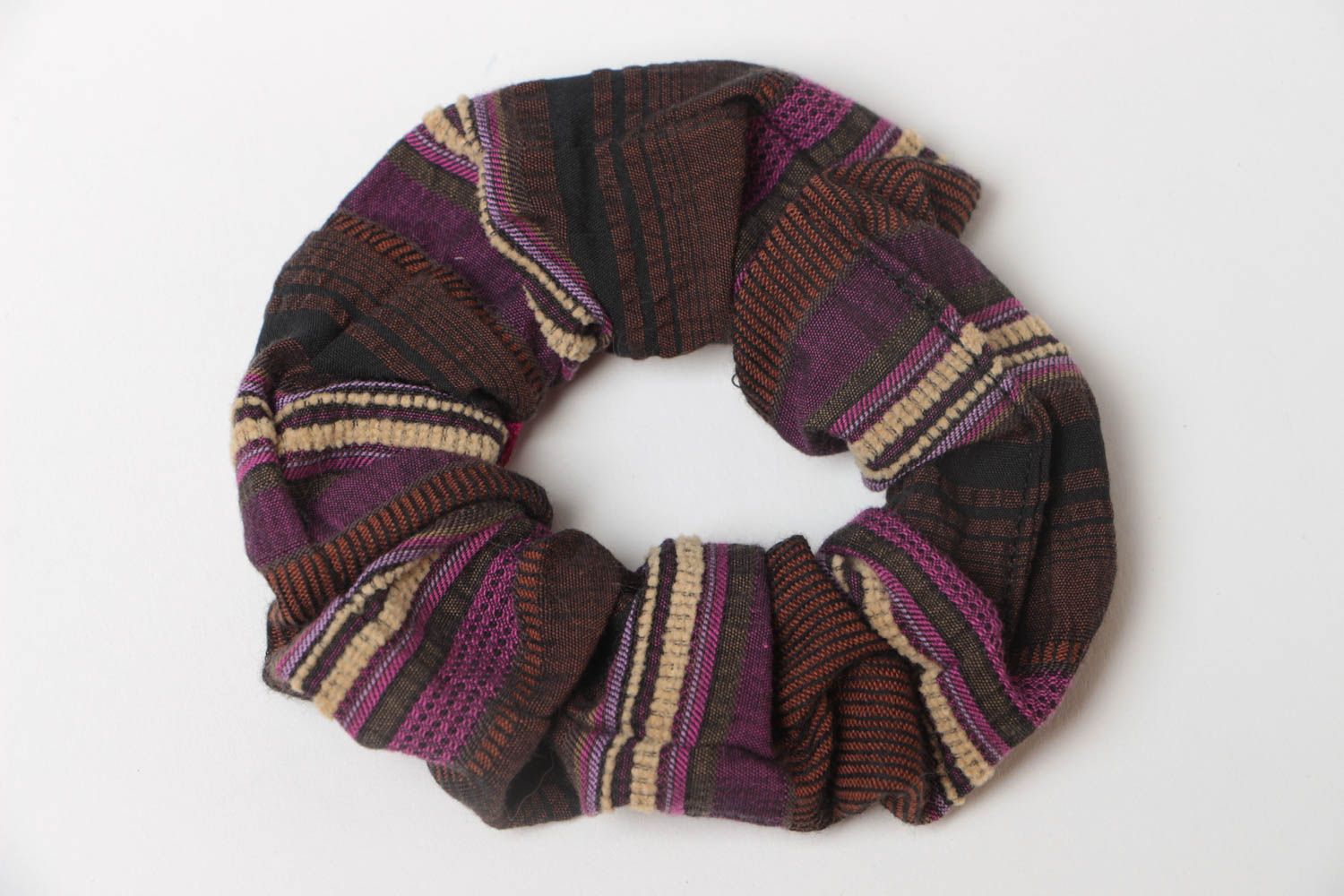 Handmade decorative elastic hair band sewn of dark striped brown fabric photo 2