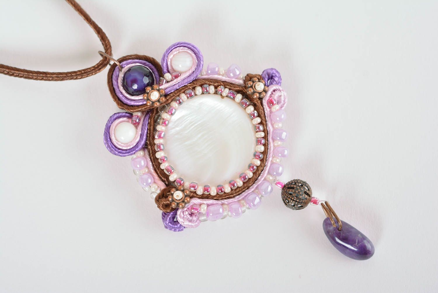 Handmade pendant soutache necklace evening accessories with natural stones photo 4