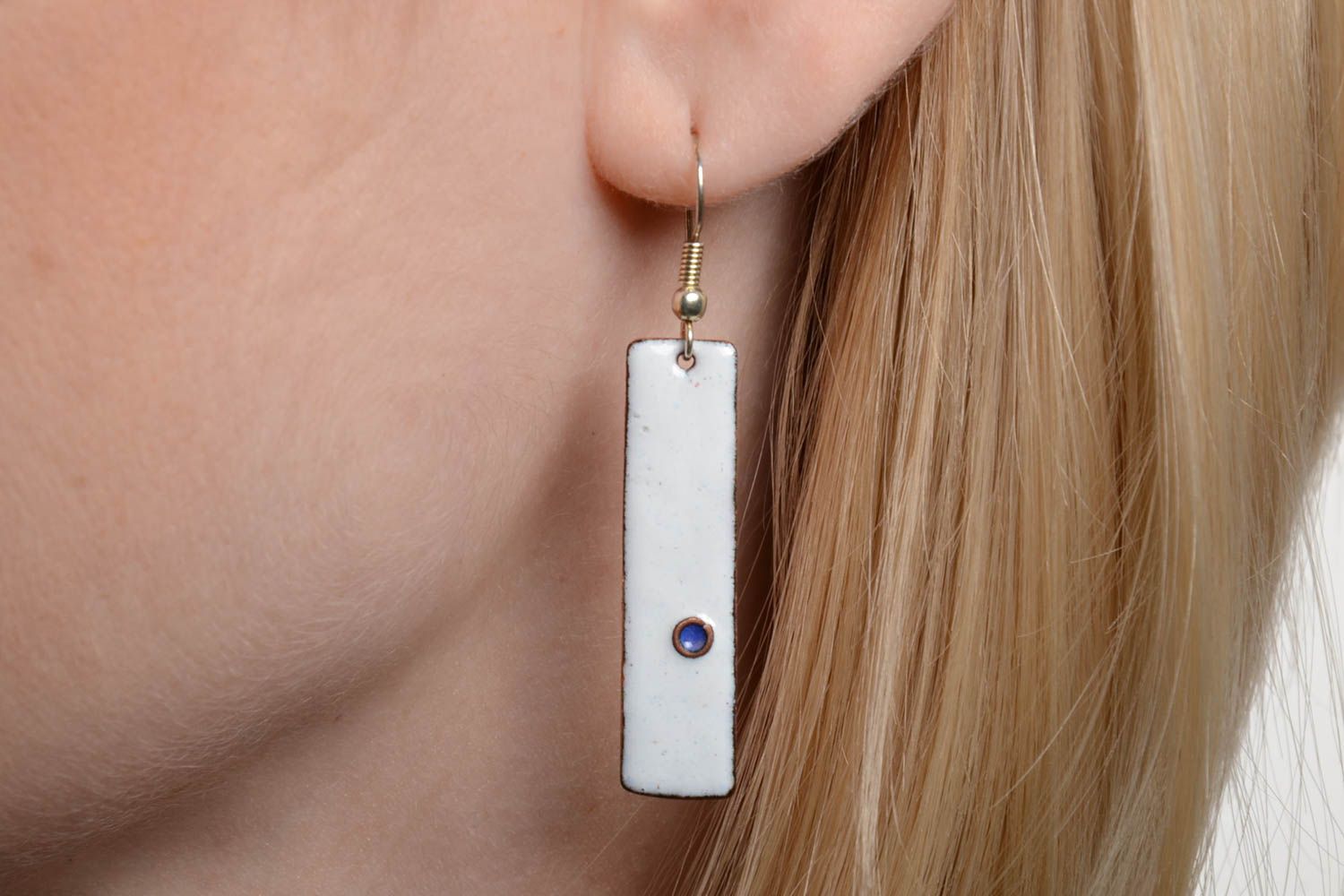 Handmade copper long earrings with charms with white enamel stylish accessory photo 5