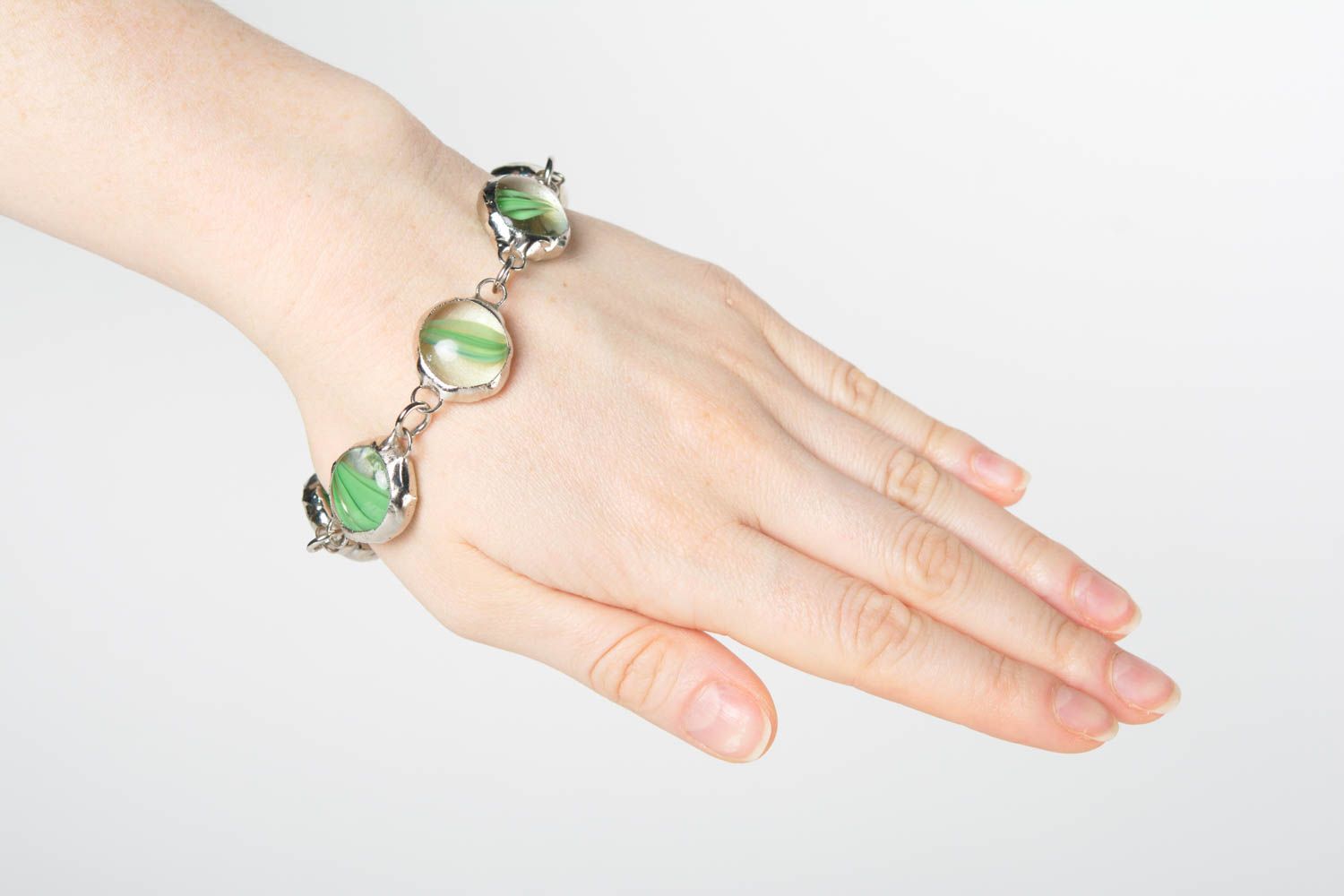 Designer green handmade unusual bracelet made of glass and metal photo 4