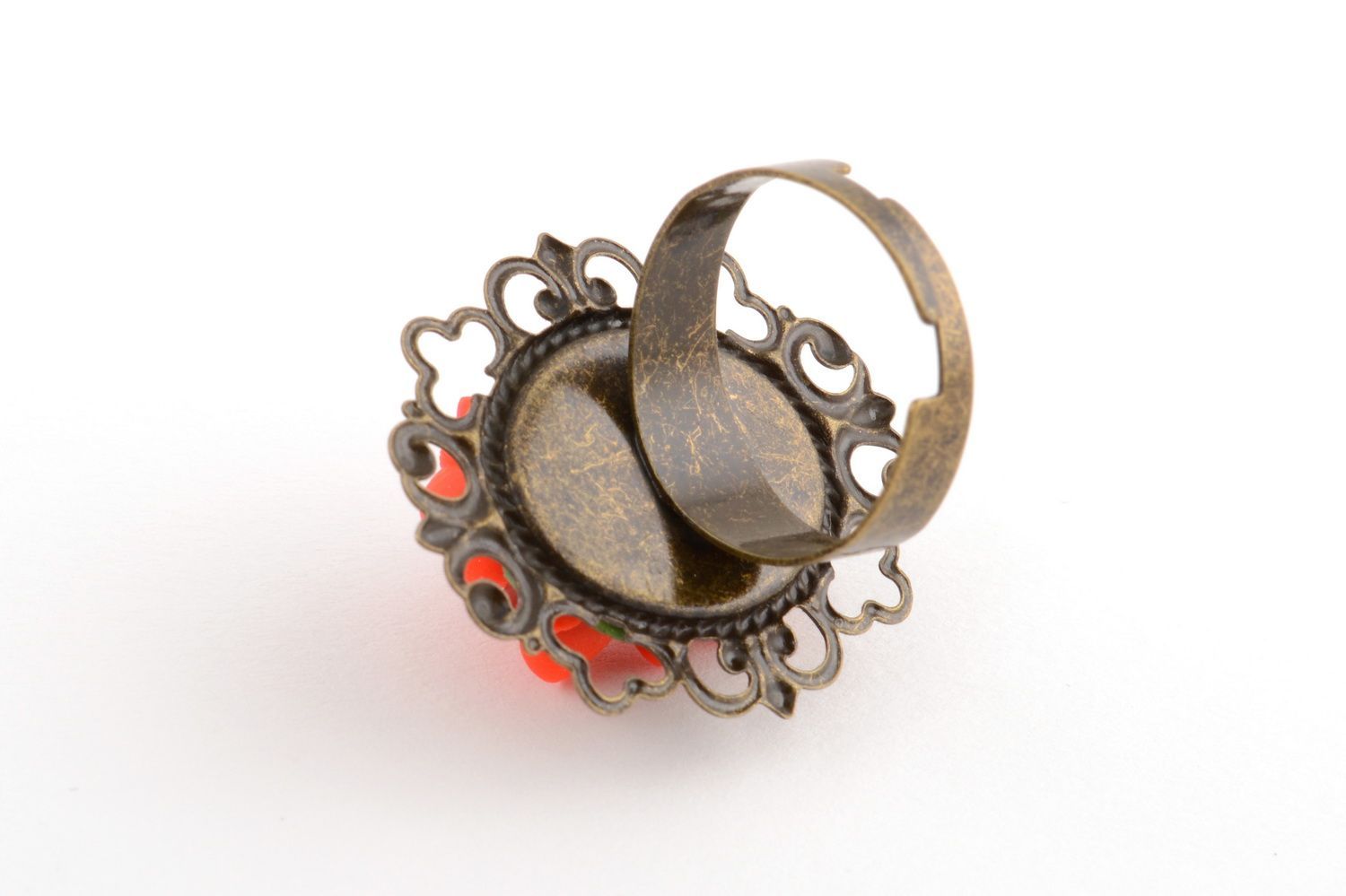 Handmade jewelry ring with fancy metal basis and red polymer clay flower photo 4