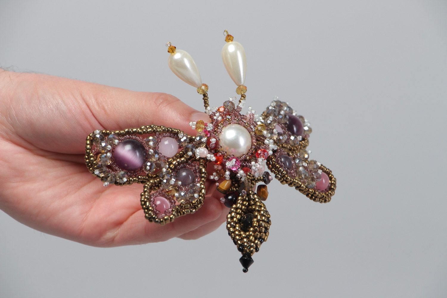 Handmade designer beaded brooch with natural amethyst and cat's eye stone photo 5