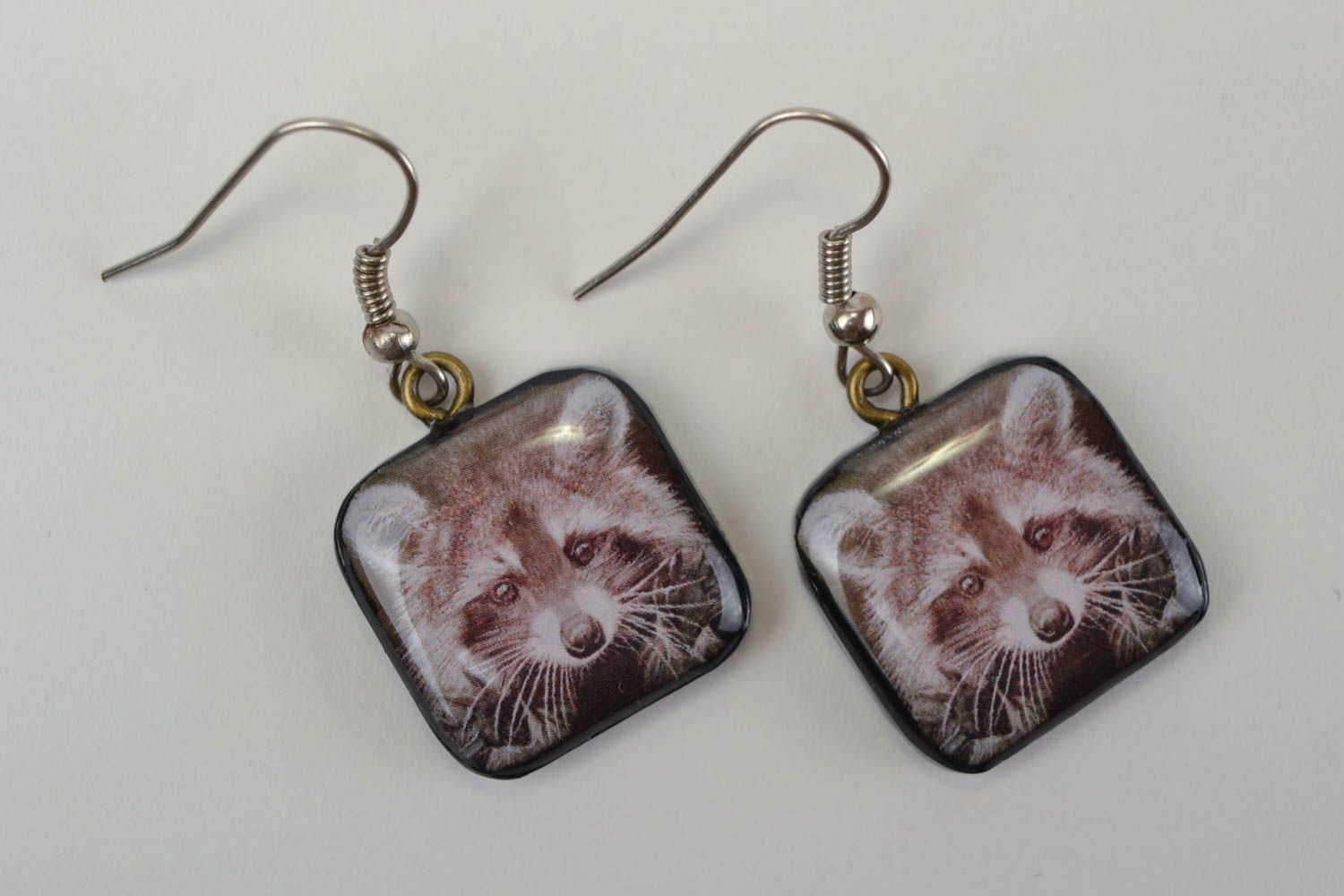 Beautiful handmade square polymer clay earrings with decoupage Raccoons photo 3