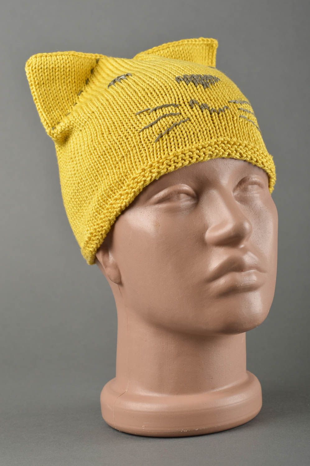 Вязаная шапка ручной работы шапка для мальчиков зимняя шапка желтая Кот фото 1