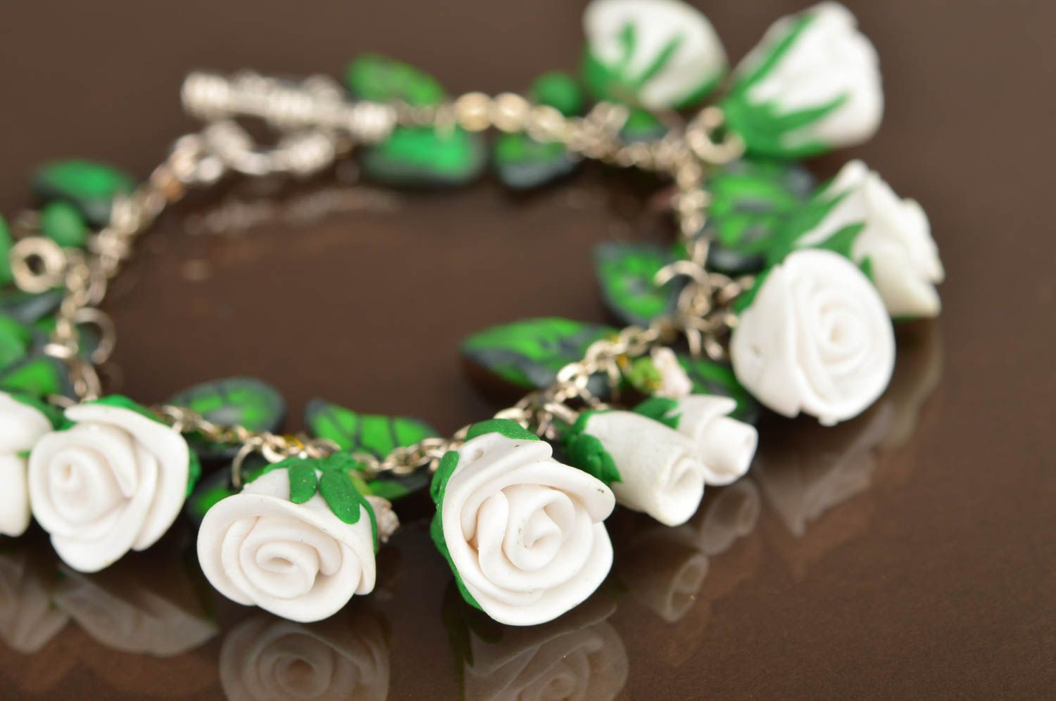 Bracelet with white polymer clay flowers on chain delicate handmade  photo 4
