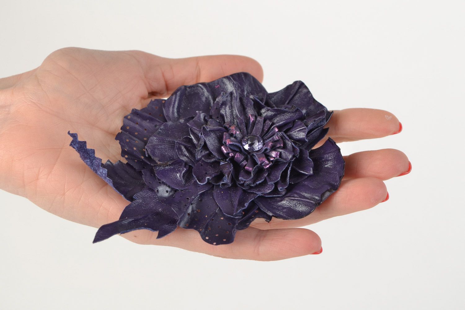 Handmade purple leather brooch in the shape of a flower made using the technique of corrugating photo 2