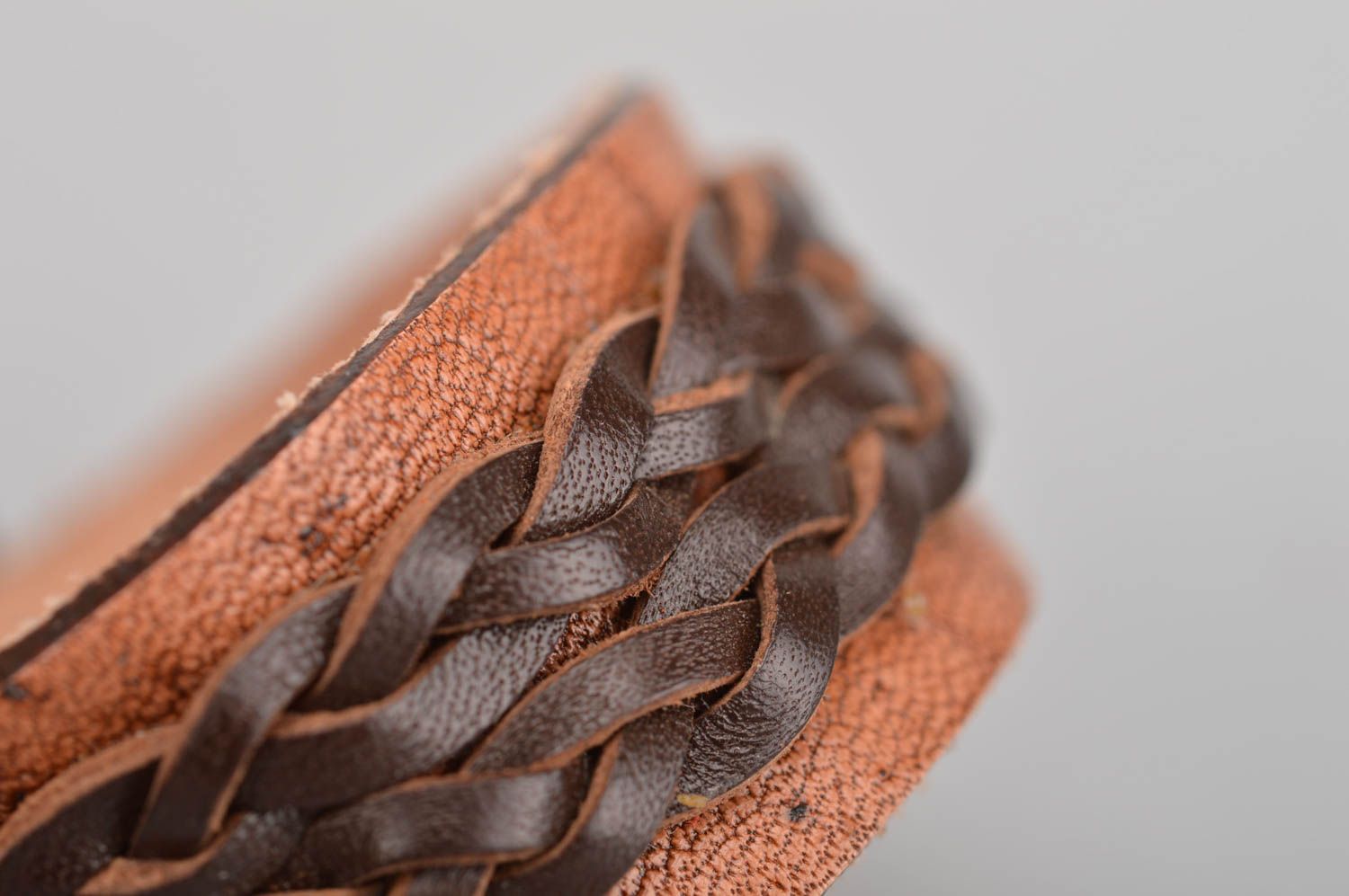 Handmade designer dark brown natural leather wide wrist bracelet with rivets photo 4