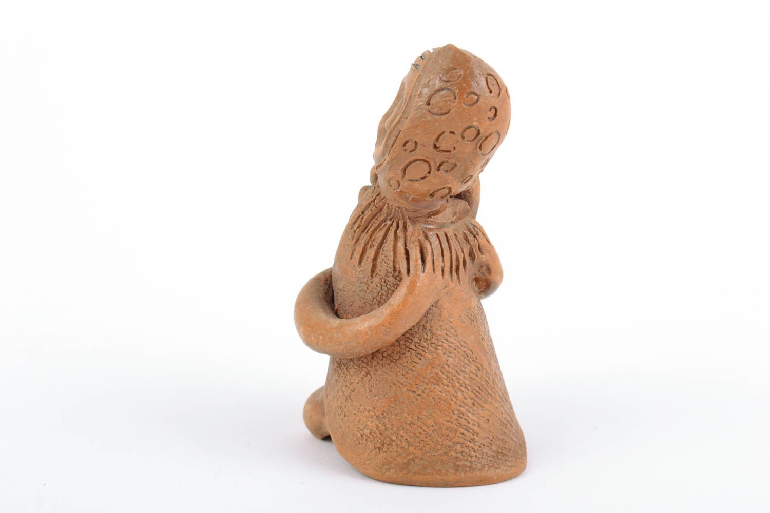 Small collectible handmade brown clay statuette of woman with fish photo 5