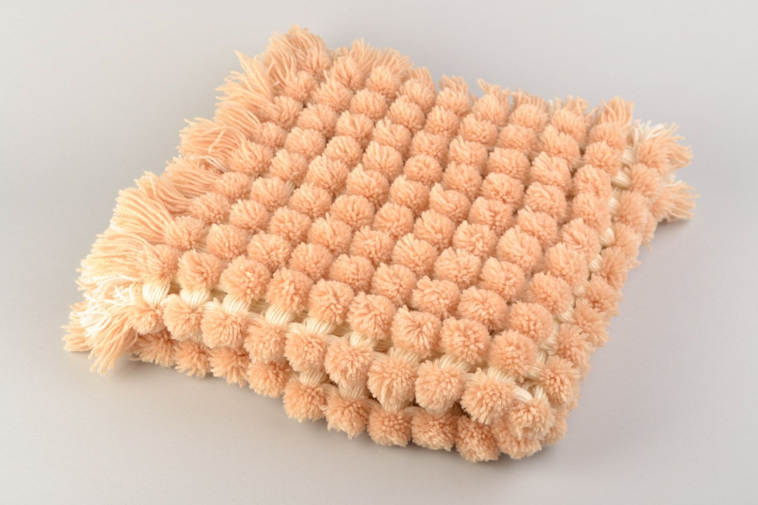 Handmade soft warm baby blanket woven of beige woolen and acrylic threads photo 4