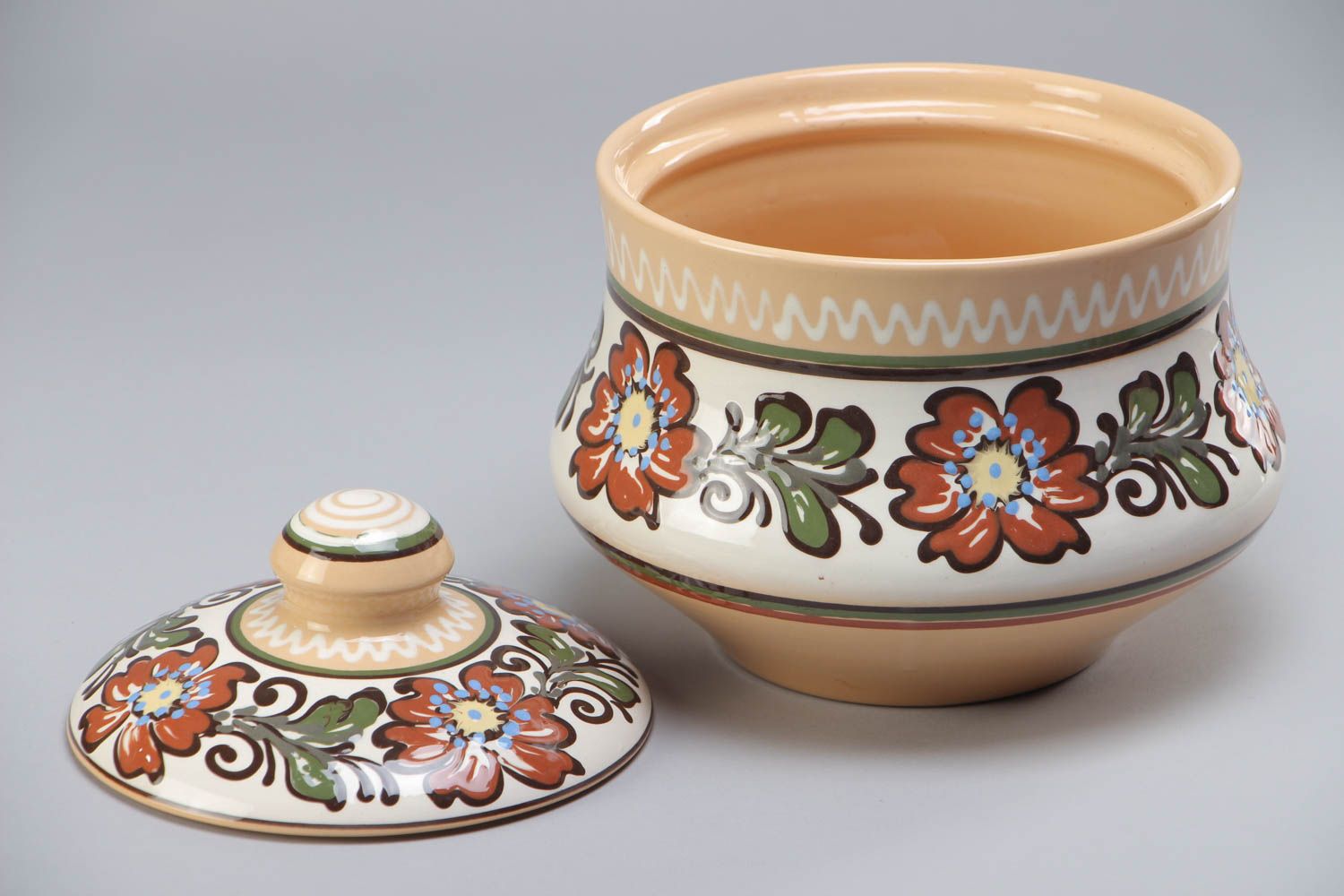 Pot avec couvercle en argile fait main peint d'émaux original motif fleurs 3.5 l photo 2