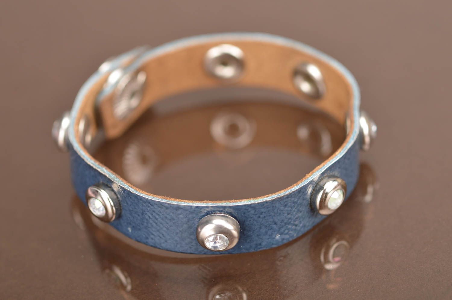 Exclusive handmade delicate leather bracelet with rivets in blue color photo 2