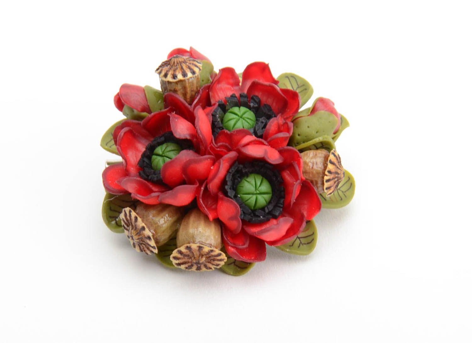 Handmade volume brooch bright red and green polymer clay poppy flowers bouquet photo 5