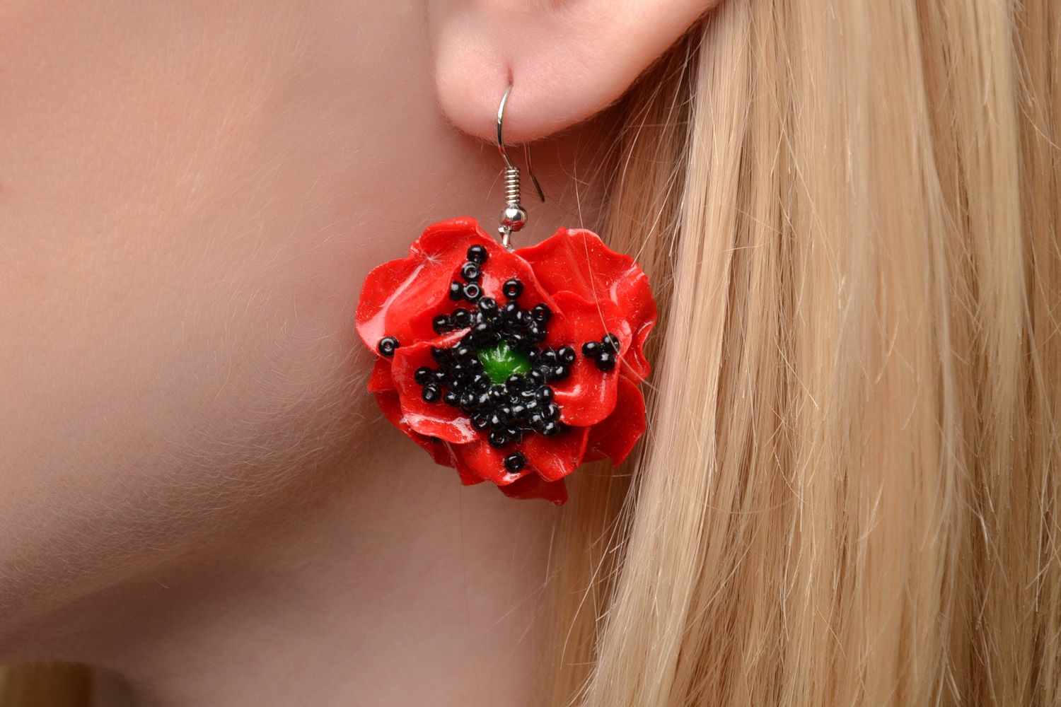Polymer clay dangle earrings in the shape of poppies photo 5