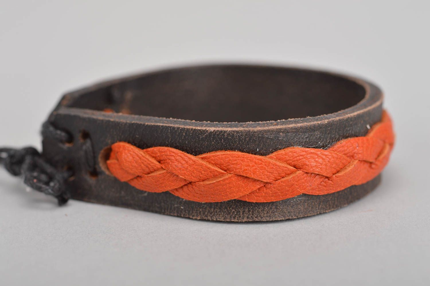 Handmade designer brown and orange genuine leather wrist bracelet with ties photo 4