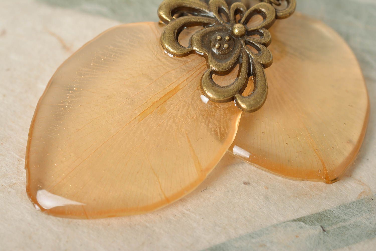 Handmade designer dangle earrings with transparent flower petal in epoxy resin photo 4