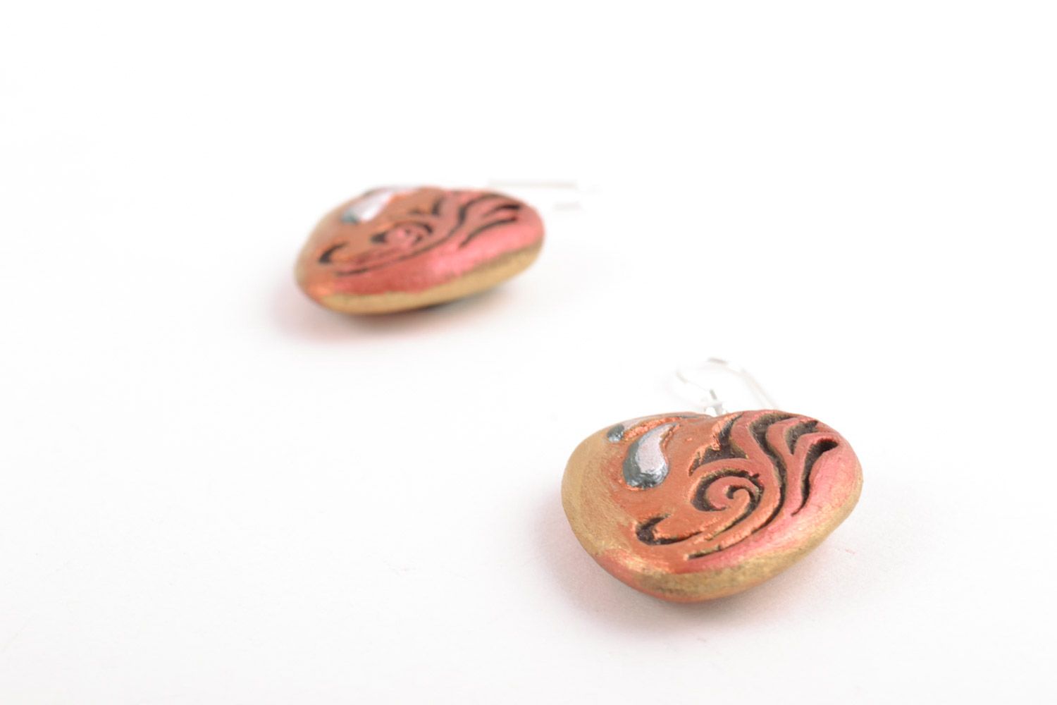 Heart shaped handmade clay earrings painted with acrylics photo 3