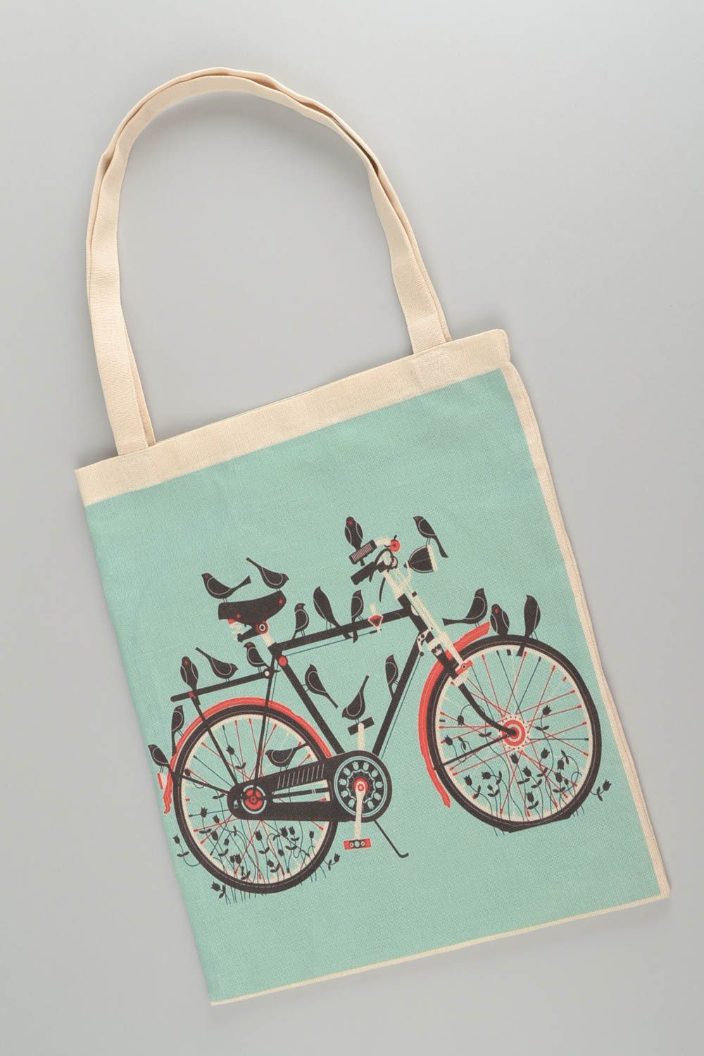 Handmade designer fabric women's bag with two handles and image of bicycle  photo 3