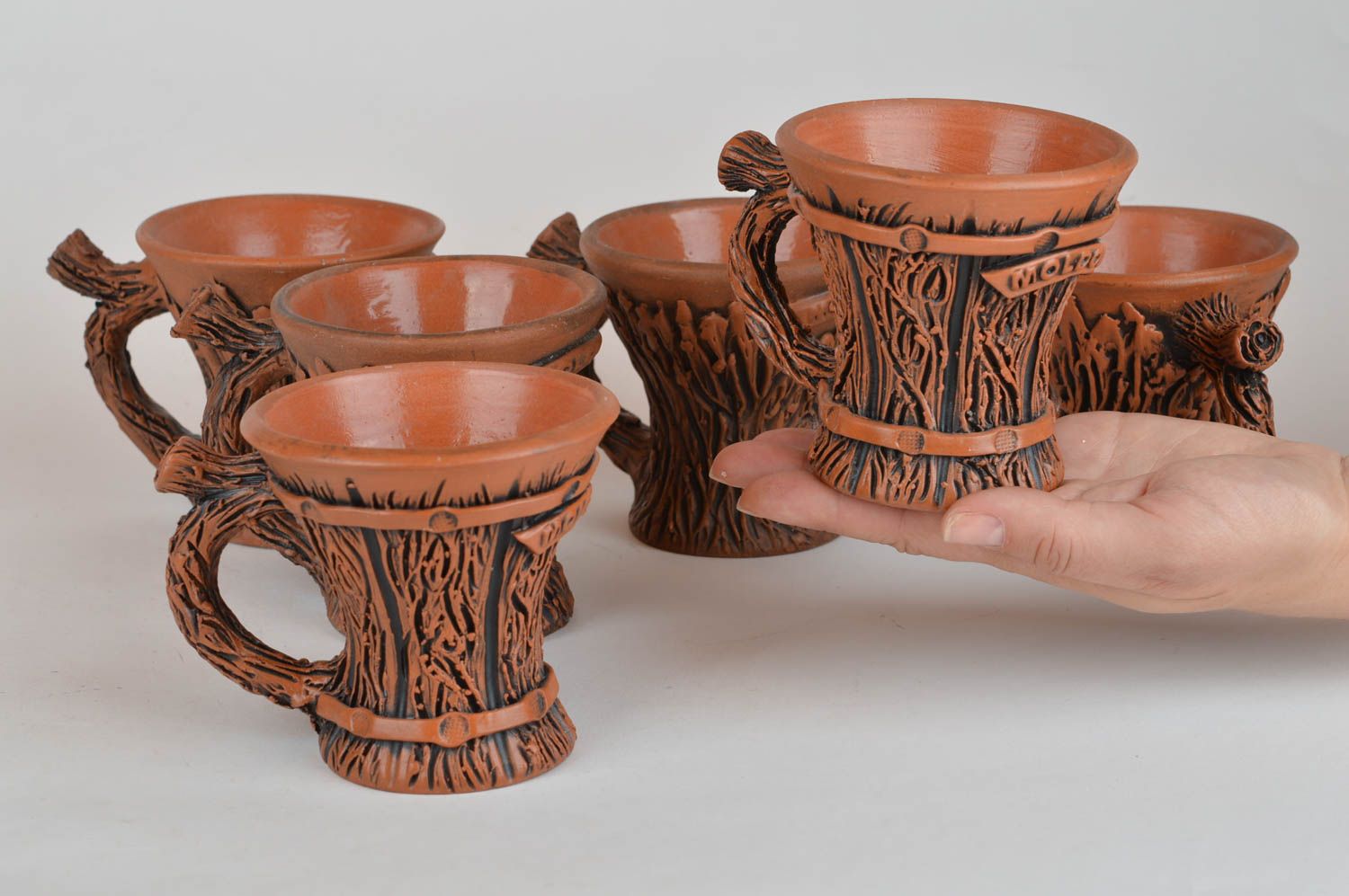 Keramik Kaffeetassen aus Ton 6 Stück in Braun 100 ml handgefertigt schön grell foto 3