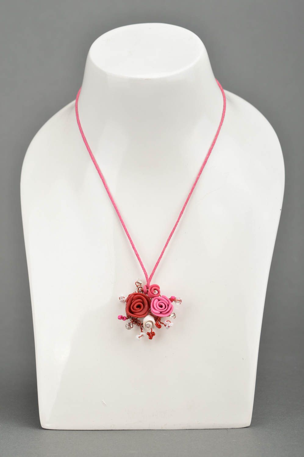 Handmade elegant flower pendant made of polymer clay in pink color photo 5