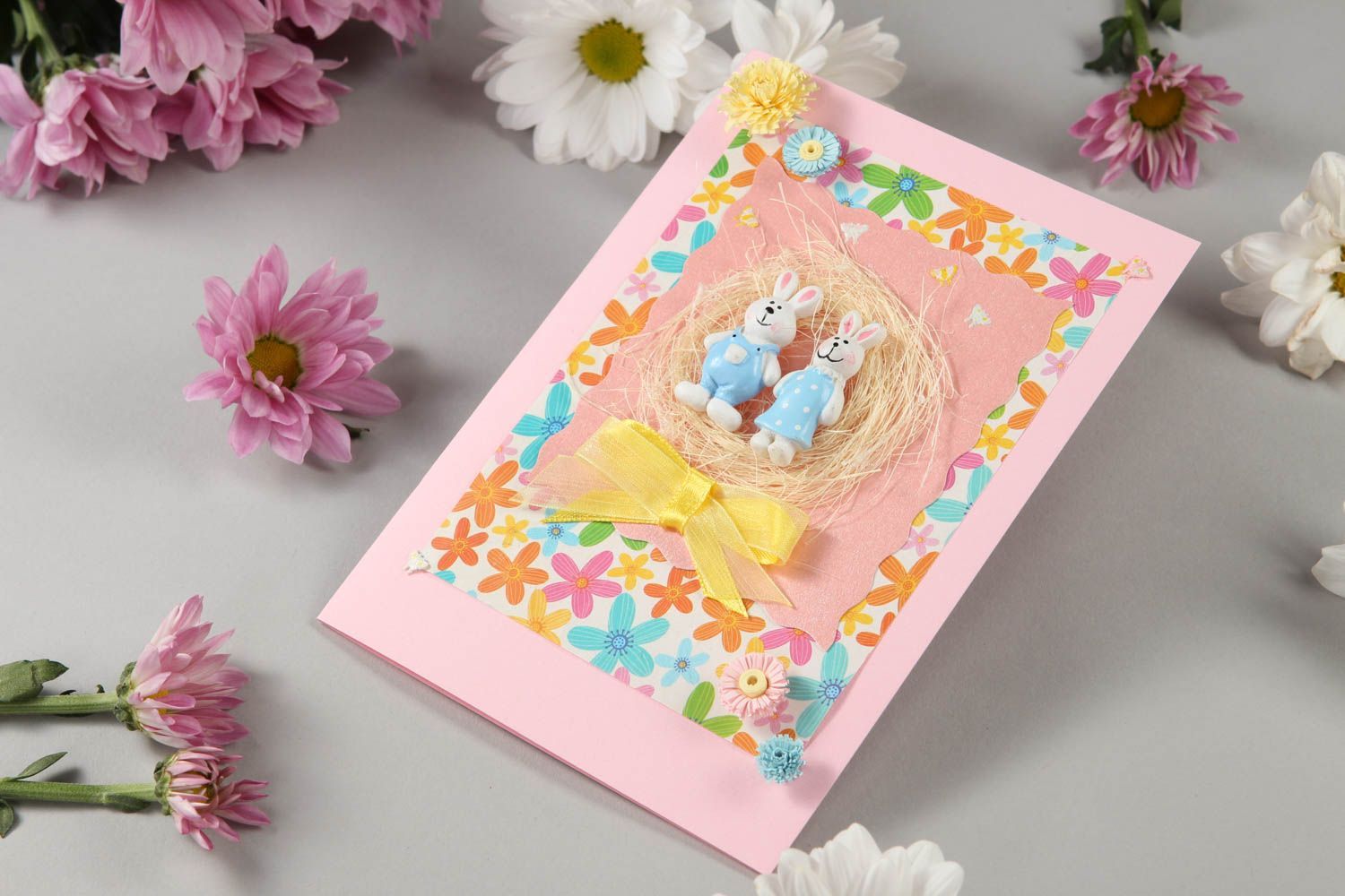 Tarjeta de felicitación rosa con conejos postal hecha a mano regalo original foto 1