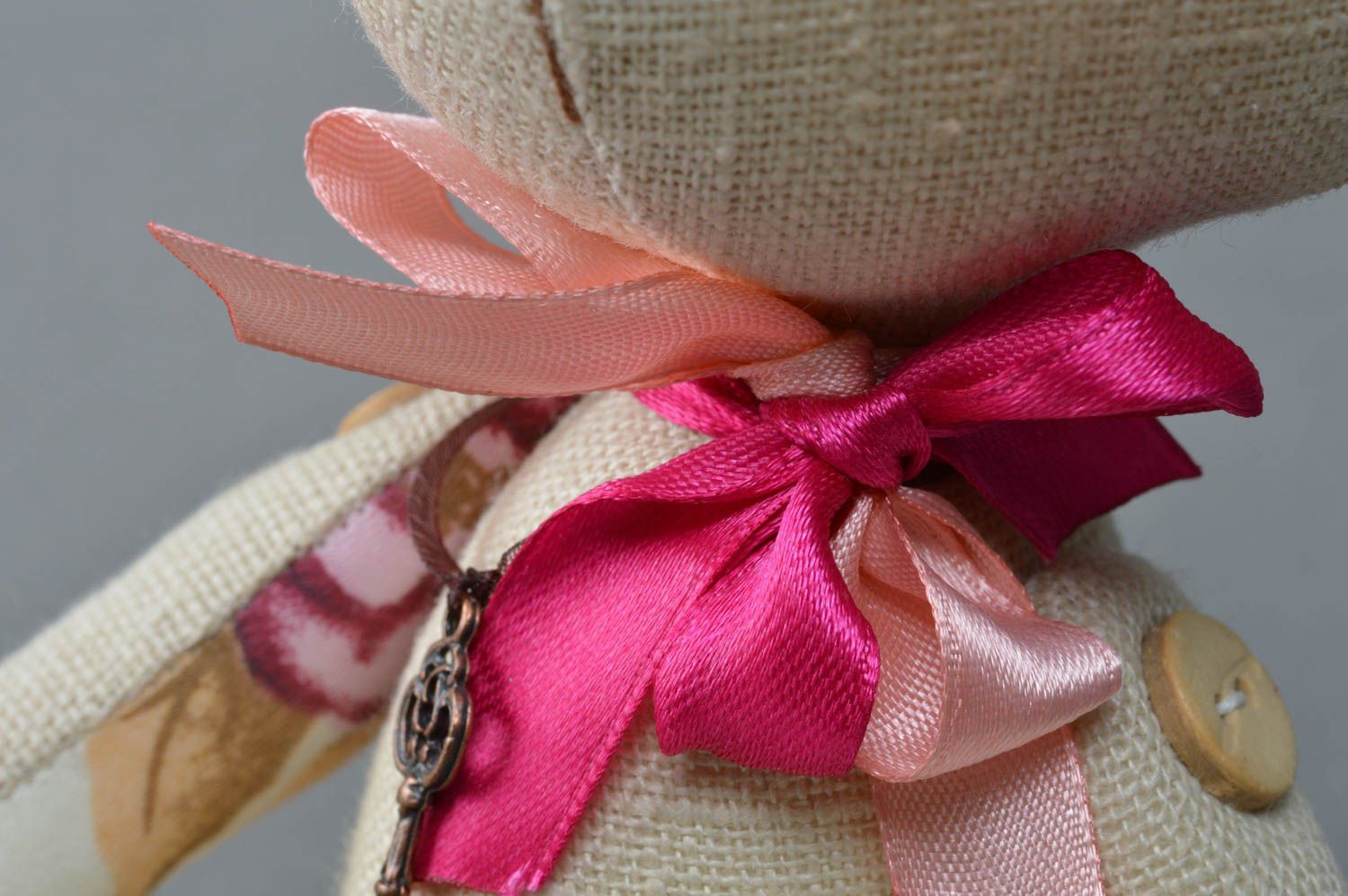 Handmade designer soft toy sewn of satin and linen fabrics Bear with pink bow photo 2