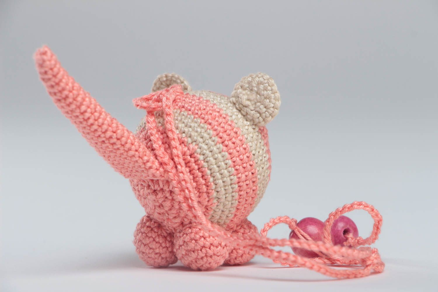 Crocheted cotton rattle small pink cat handmade toy for children and nursery photo 4