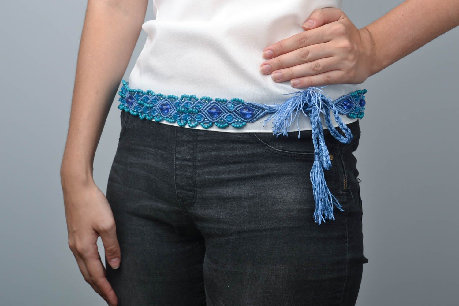 Handmade macrame belt woven belt with beads macrame accessories women belt photo 1