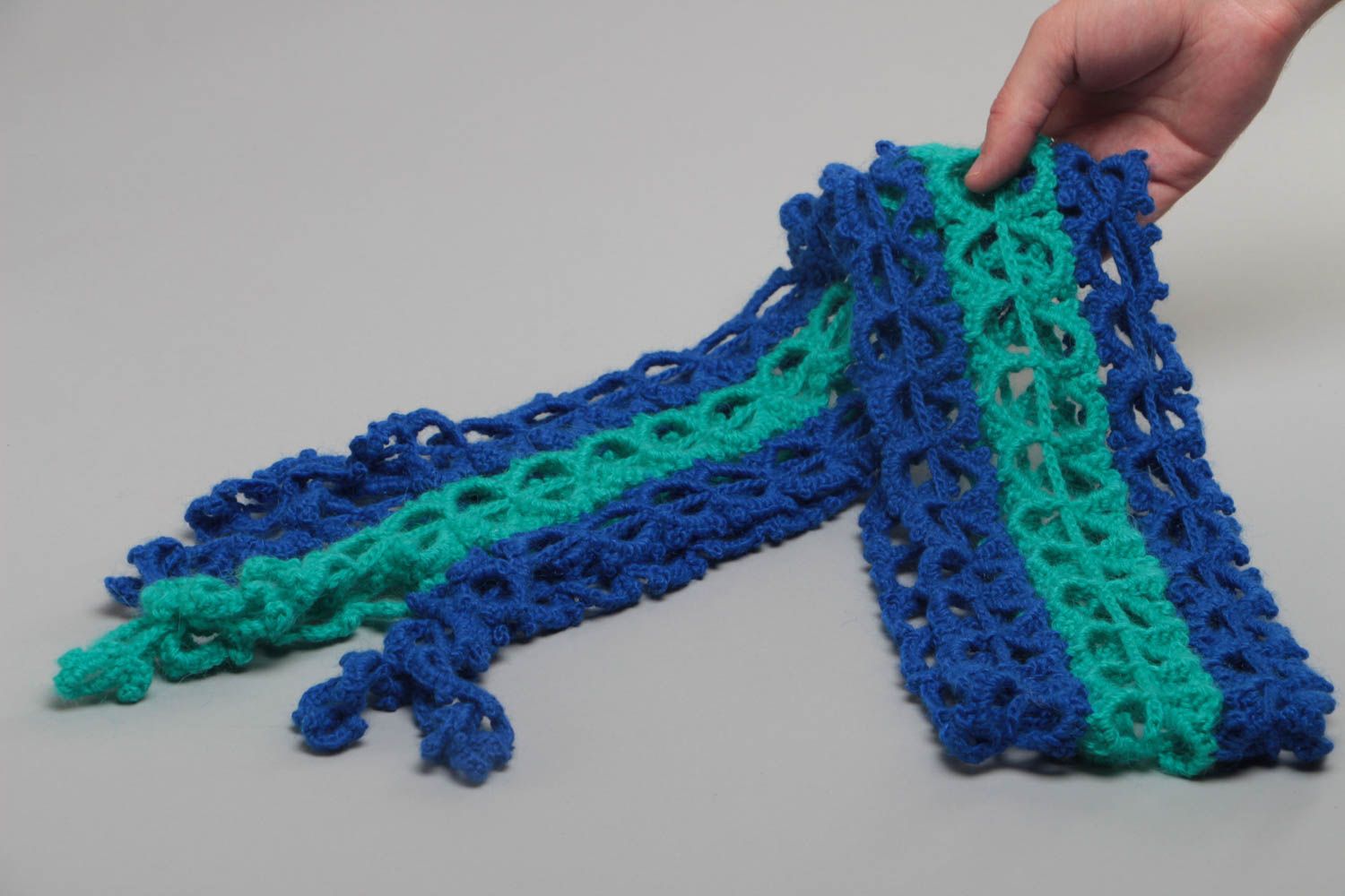 Beautiful stylish handmade long crochet scarf of blue and turquoise colors photo 5