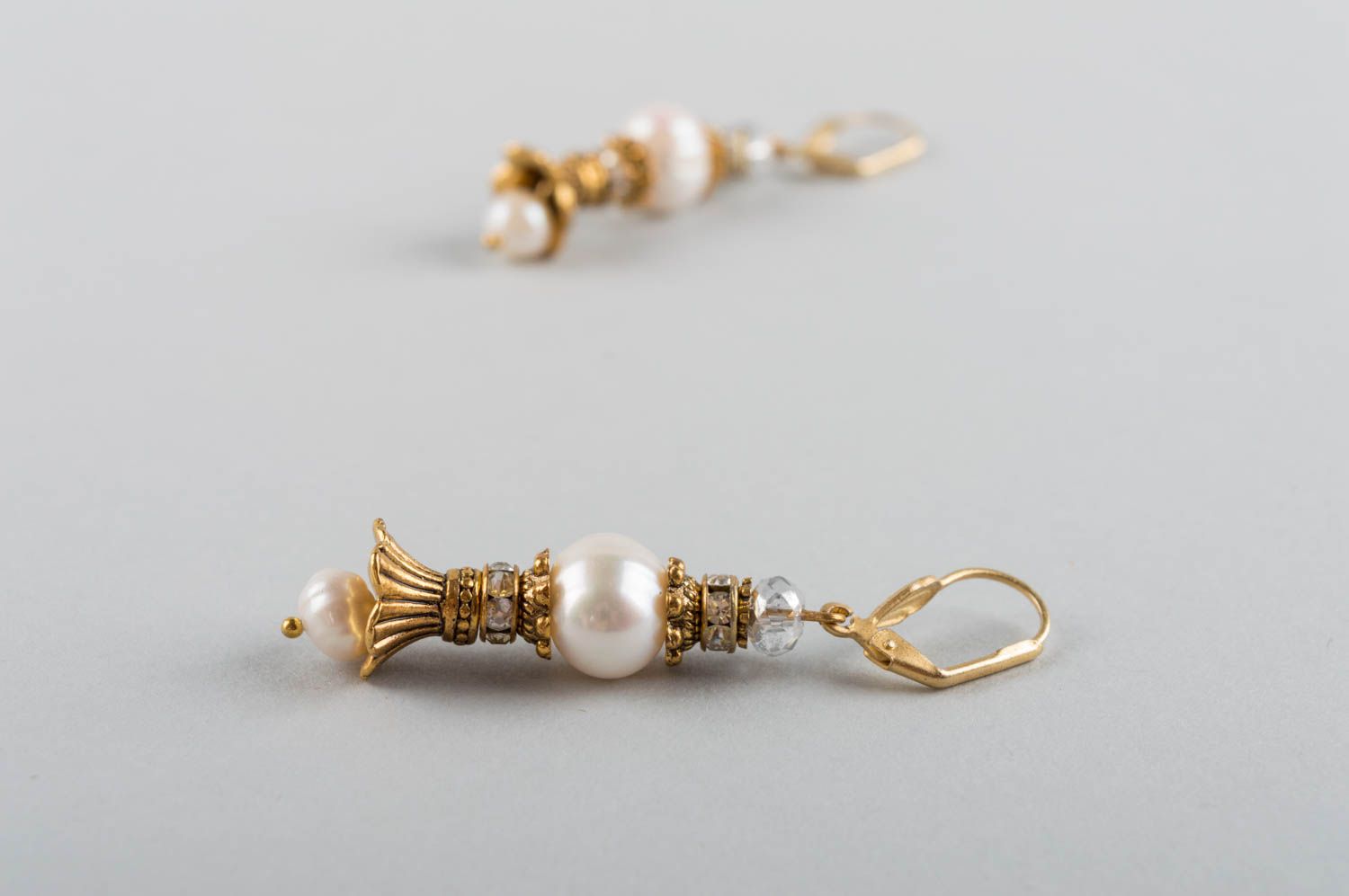 Beautiful refined handmade designer brass earrings with natural pearls  photo 5