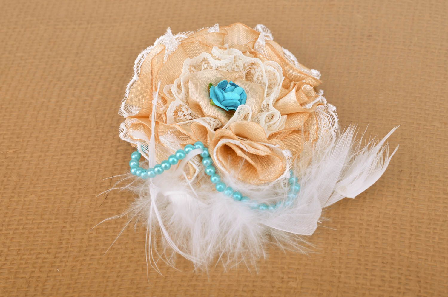 Handmade fabric volume hair clip brooch cream colored stylish accessory photo 5