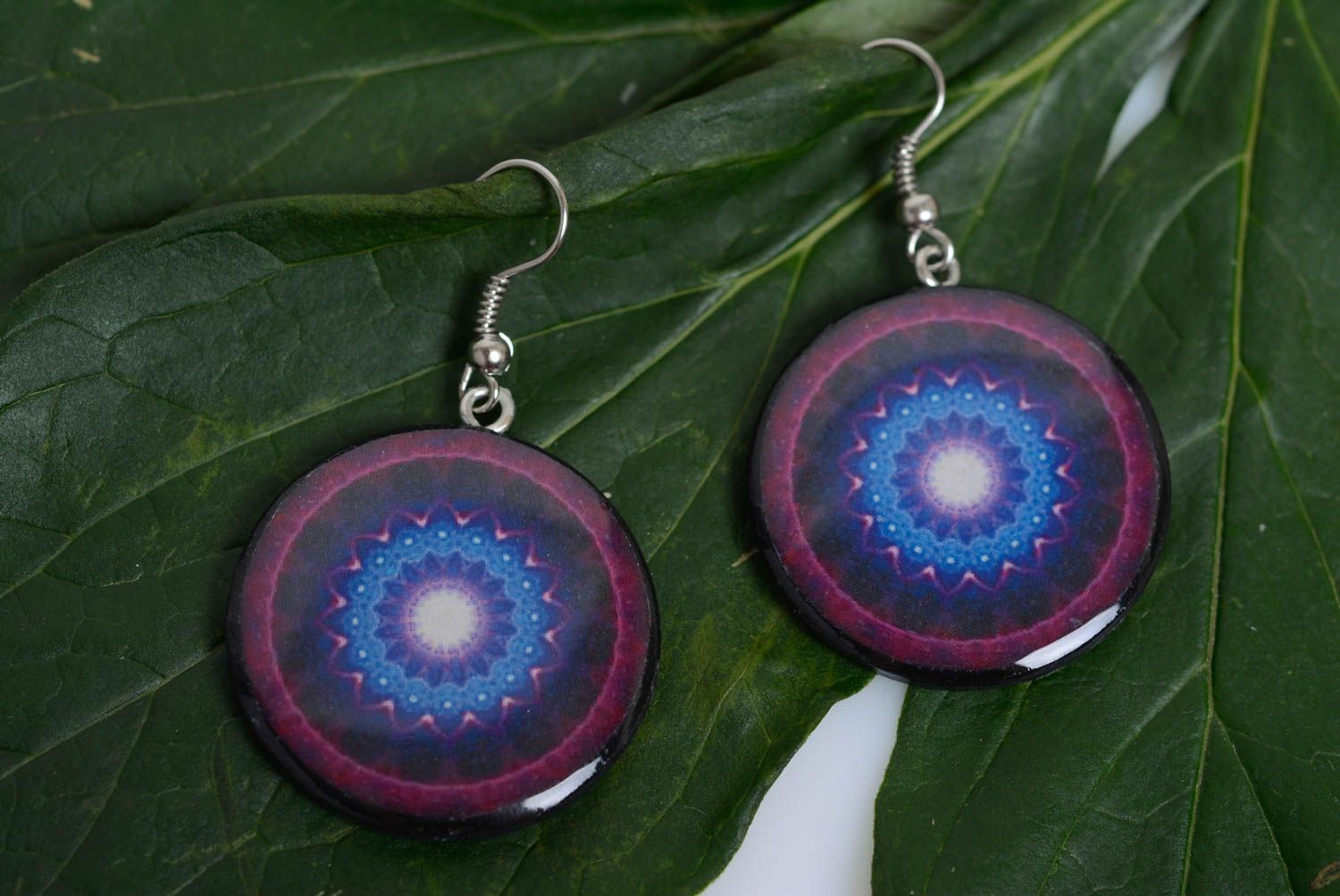 Handmade polymer clay round dangling earrings with decoupage violet and blue photo 4