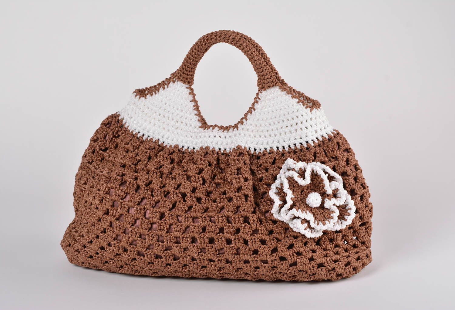 Crocheted female handbag stylish brown with flower handmade designer purse  photo 1