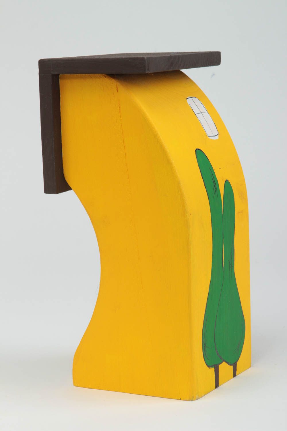 Maison miniature jaune faite main Figurine en bois Cadeau original courbée déco photo 3