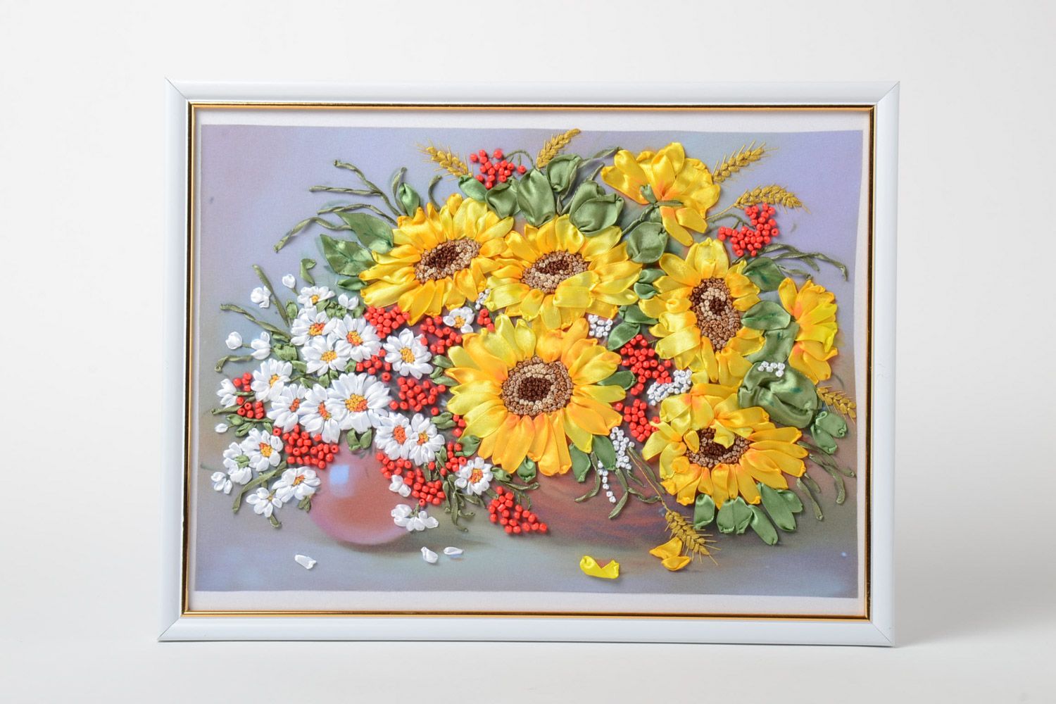 Exklusives handmade buntes Wandbild mit Blumen aus Atlas und Gabardine Sonnenblumen  foto 1