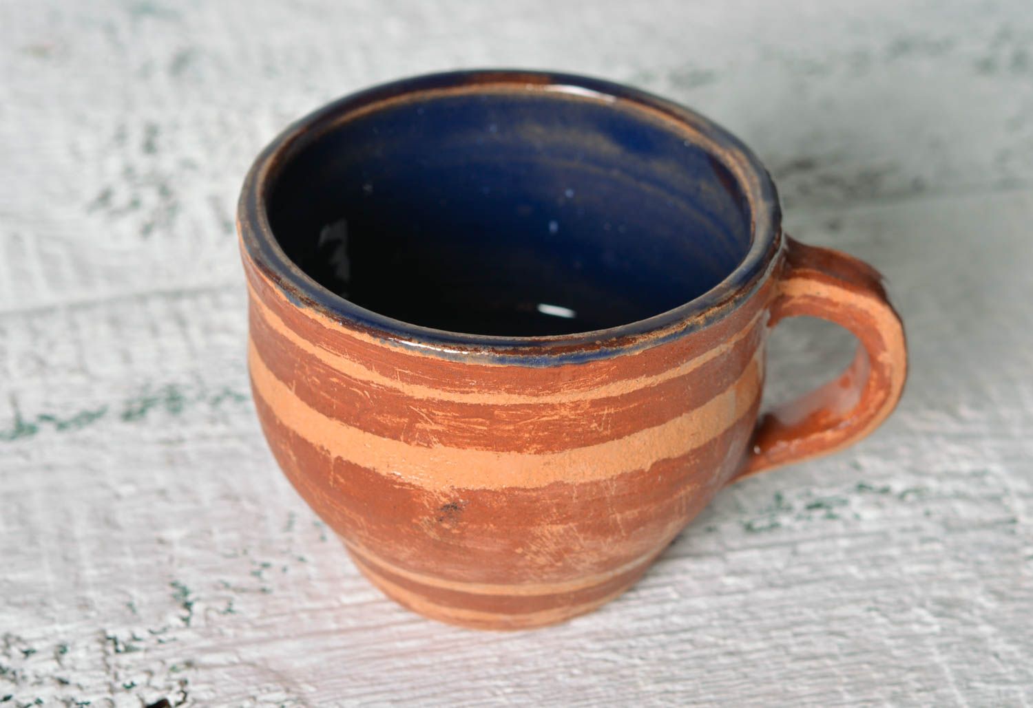 Village pottery style ceramic clay cup for coffee in light brown color with handle photo 2