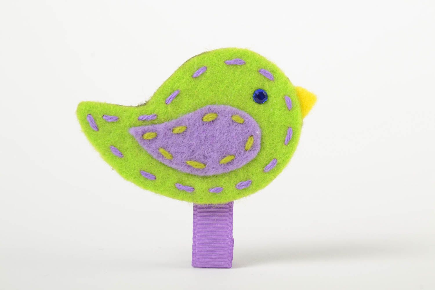 Green handmade small children's fabric hair clip in the shape of bird photo 2