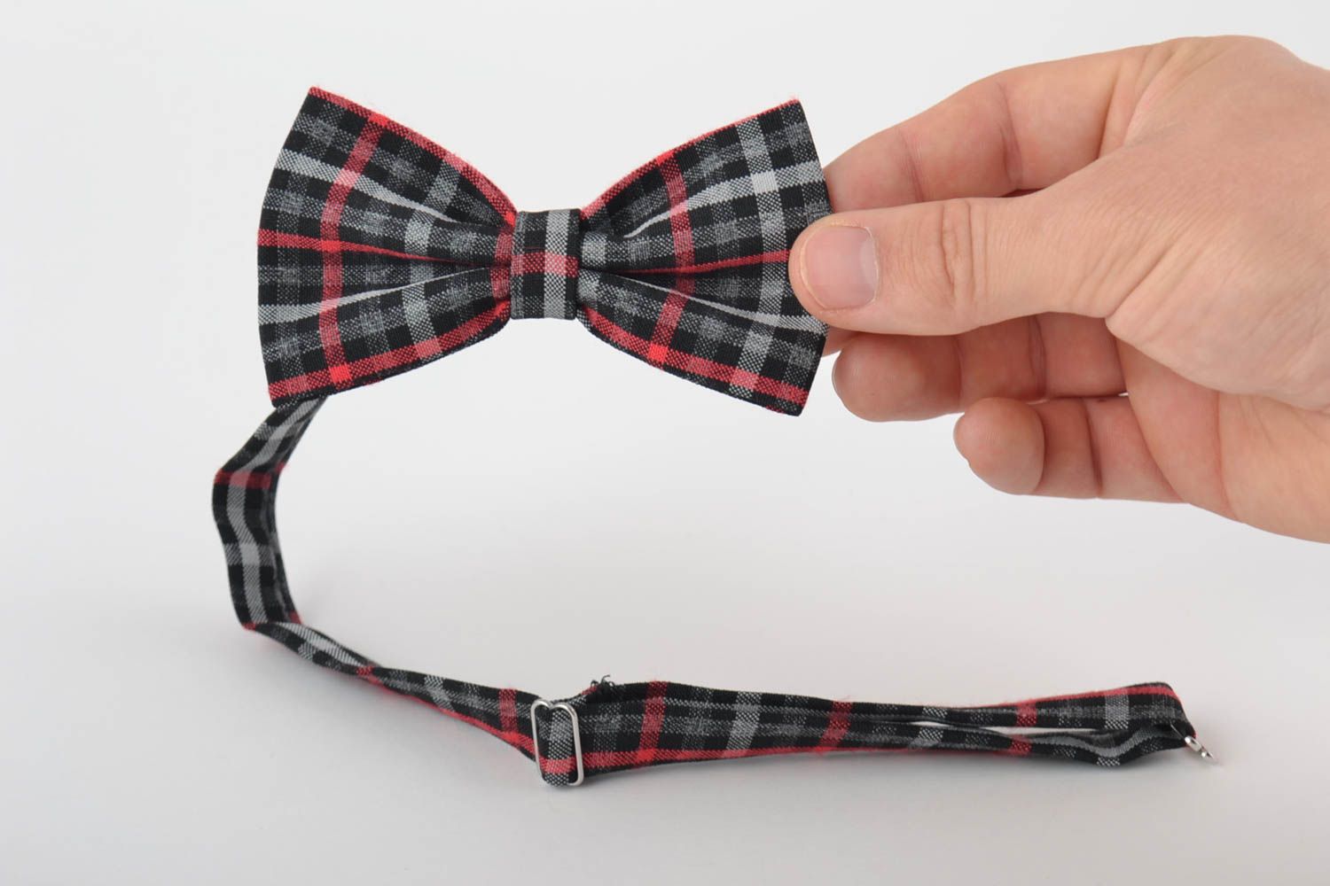 Unusual beautiful handmade designer checkered fabric bow tie adjustable photo 4