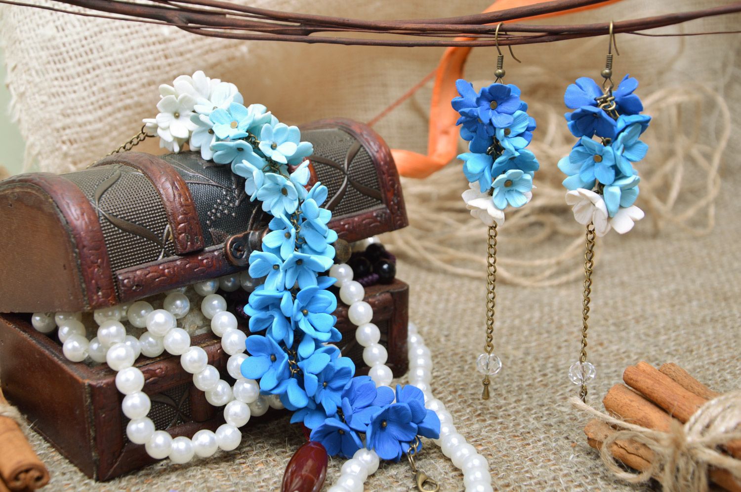 Set of handmade jewelry made of polymer clay bracelet and earrings with blue flowers photo 1