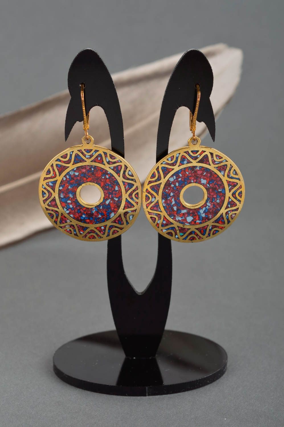 Ethnic earrings with natural stones handmade brass earrings metal bijouterie photo 1