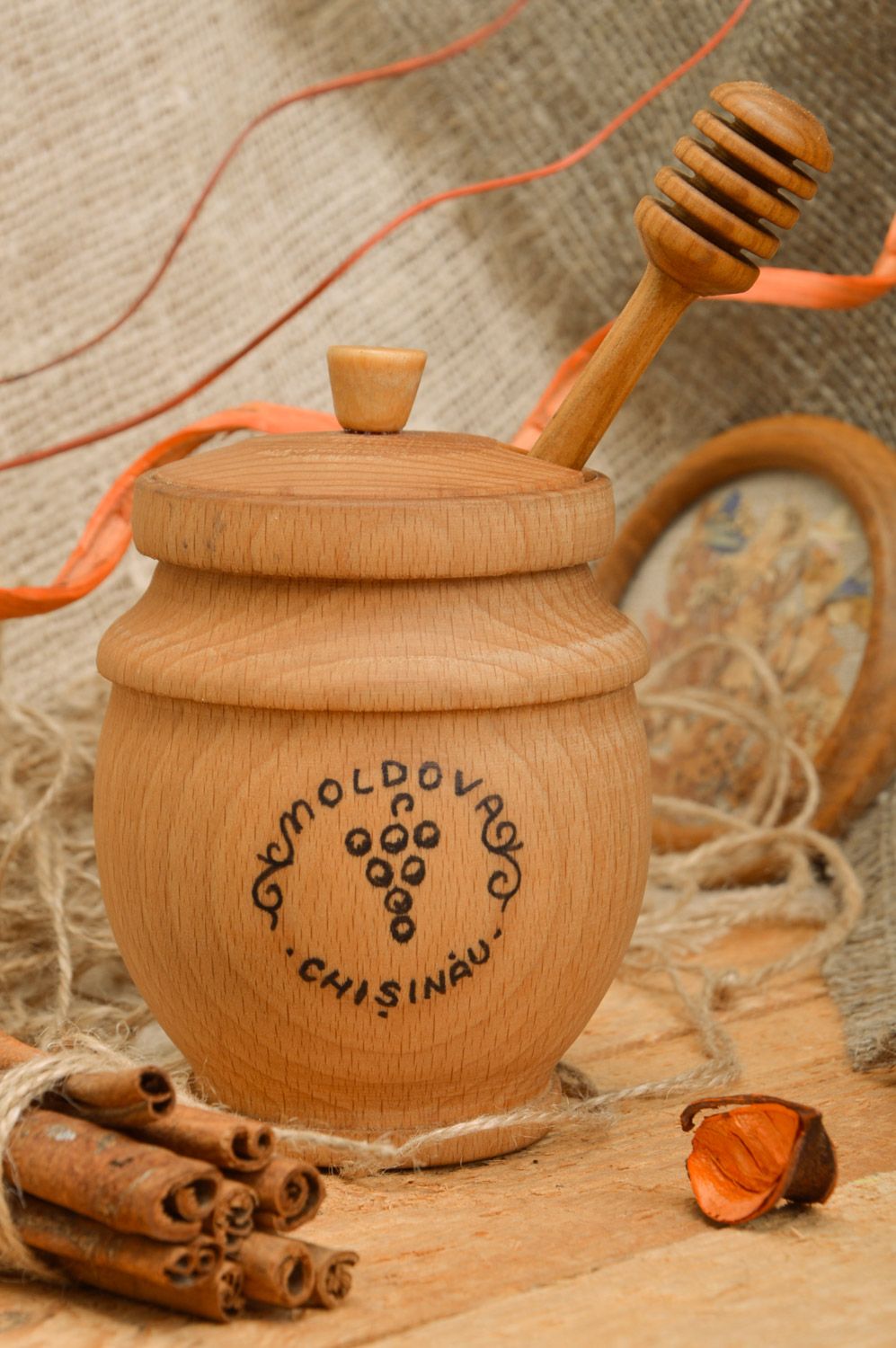 Beautiful convenient handmade carved wooden honey pot with spoon photo 1