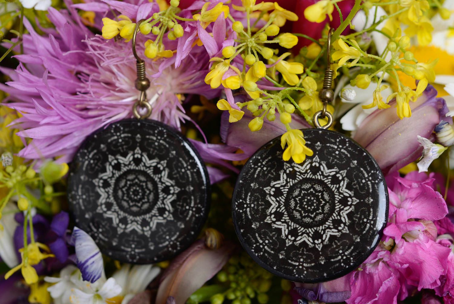 Designer earrings made of polymer clay with decoupage handmade black accessory photo 1