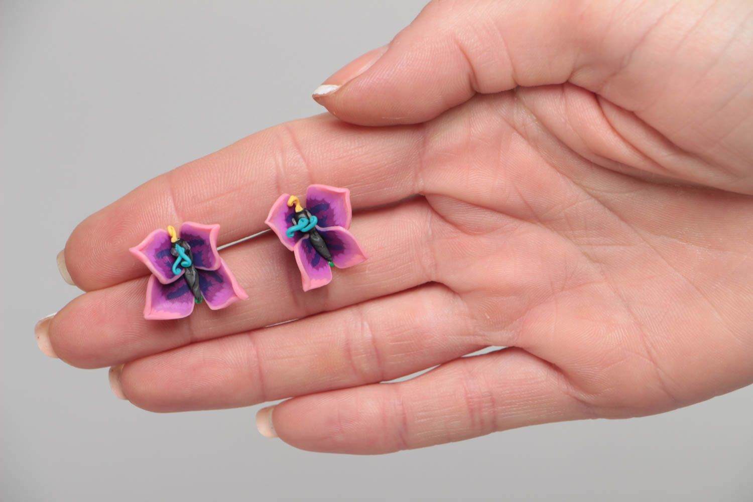 Bright stud earrings made of polymer clay Flowers handmade designer jewelry photo 5