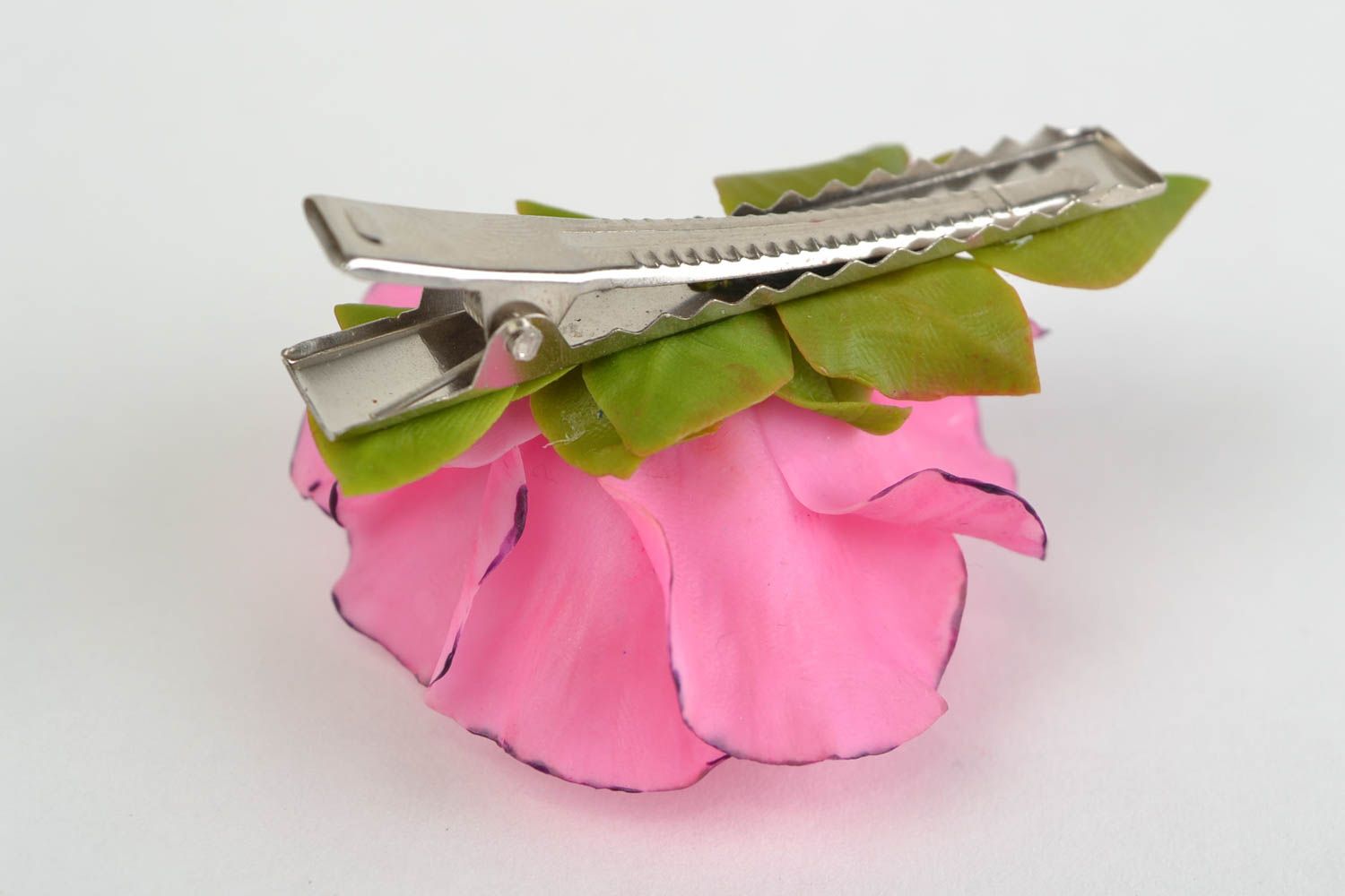 Festive handmade cold porcelain flower brooch hair clip Pink Rose photo 5