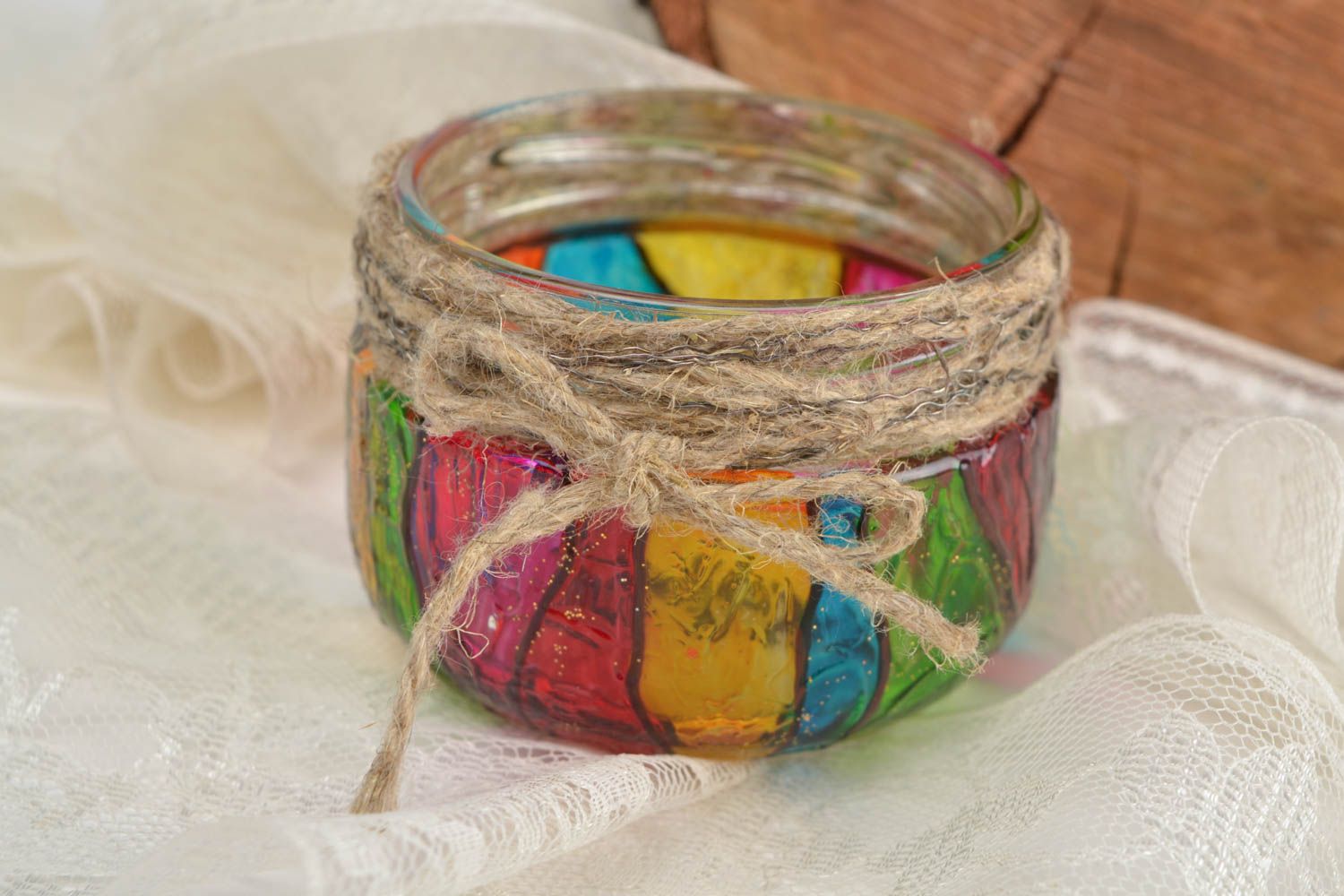 Разноцветный стеклянный подсвечник с росписью витражными красками ручнойработы фото 1