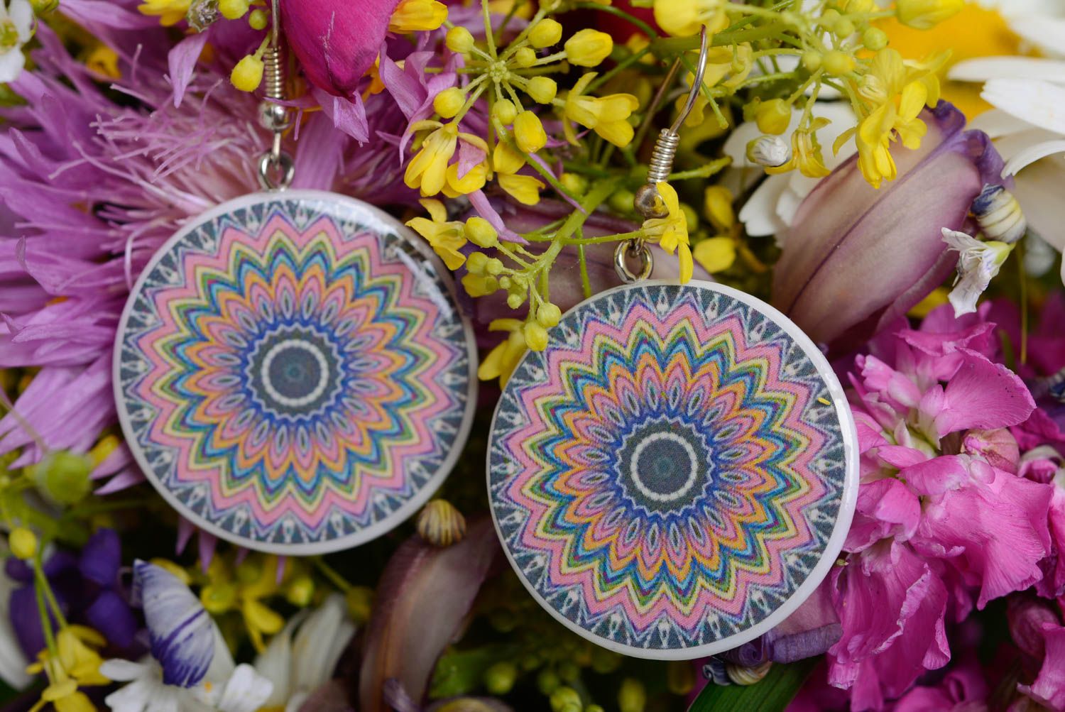 Beautiful bright women's handmade plastic earrings with decoupage pattern photo 1