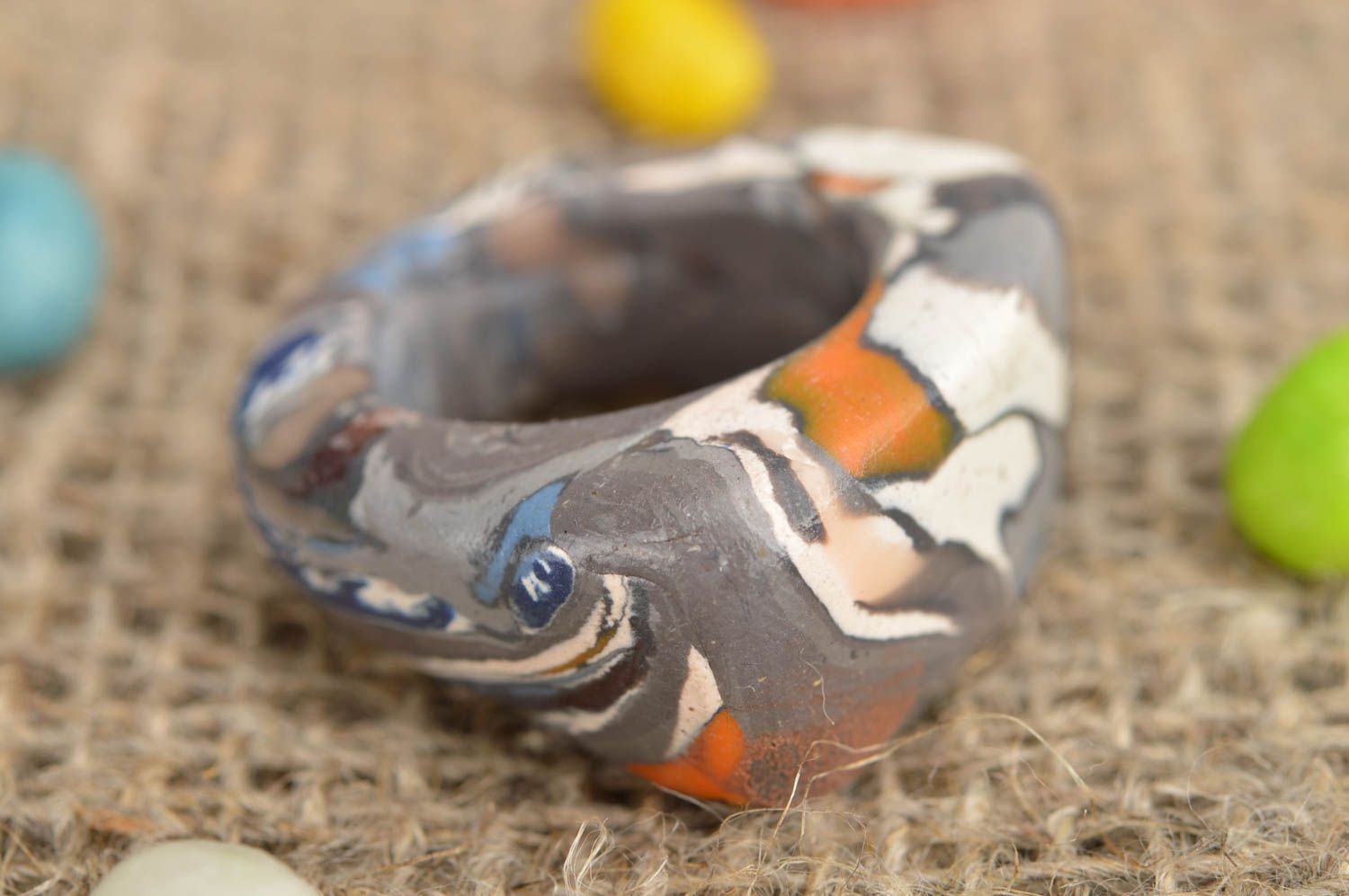 Handmade ring of polymer clay in grey color with splashes of other colors photo 1