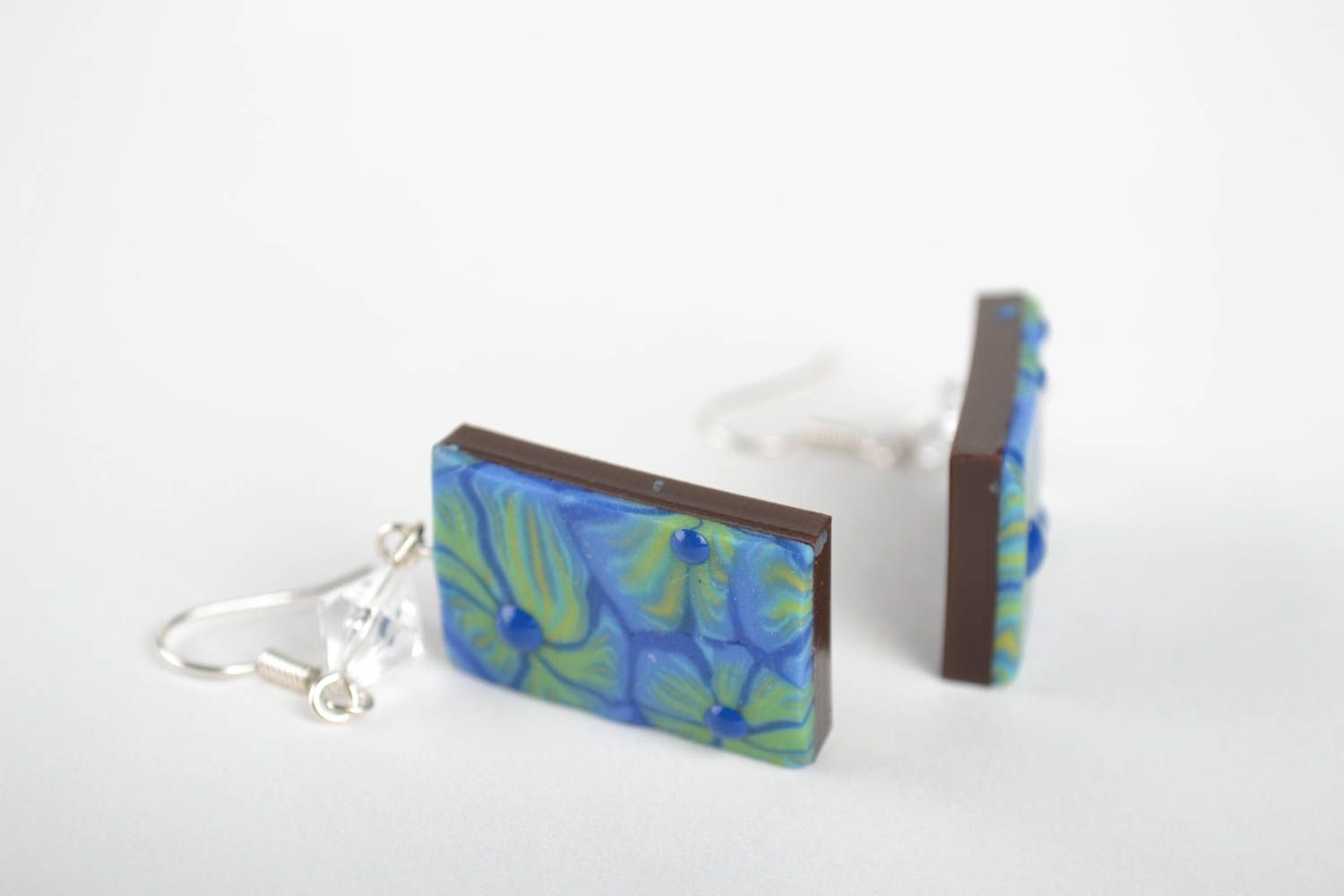 Квадратные голубые серьги из полимерной глины авторские для женщин подарок фото 3