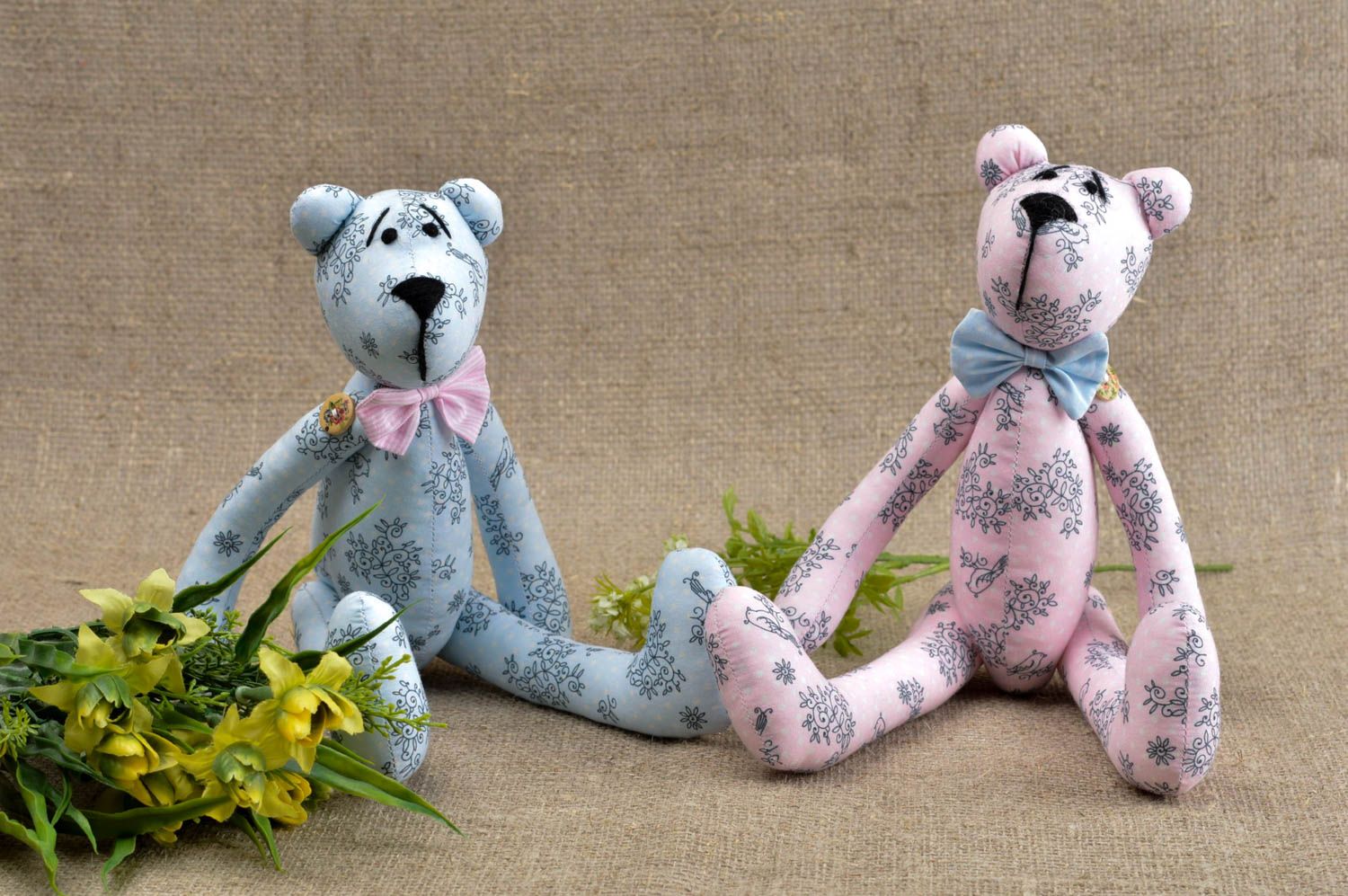 Handmade stylish textile toys 2 beautiful soft toys unusual bear present for kid photo 1