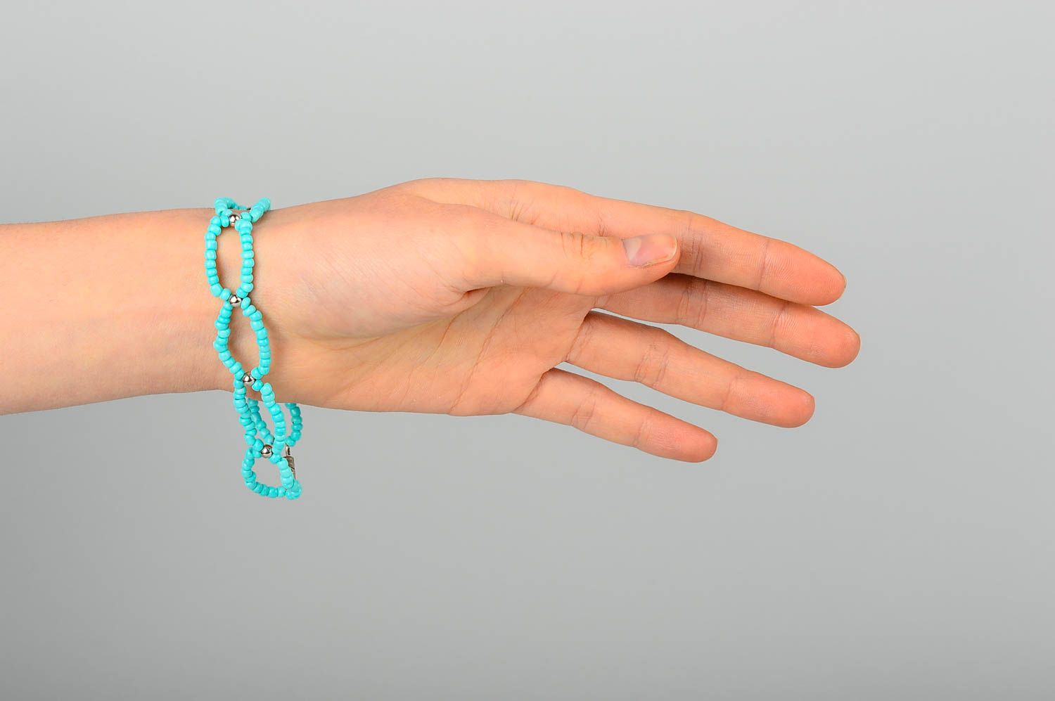 Handmade beaded light turquoise color palette bracelet for girs photo 2